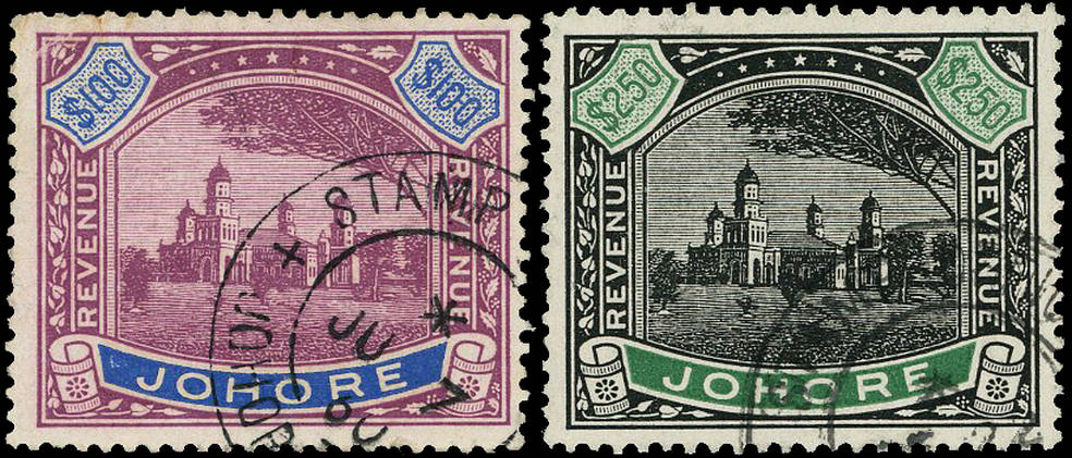 MALAYA - JOHORE 1950 Revenue $100 purple and blue and $250 black and green used
