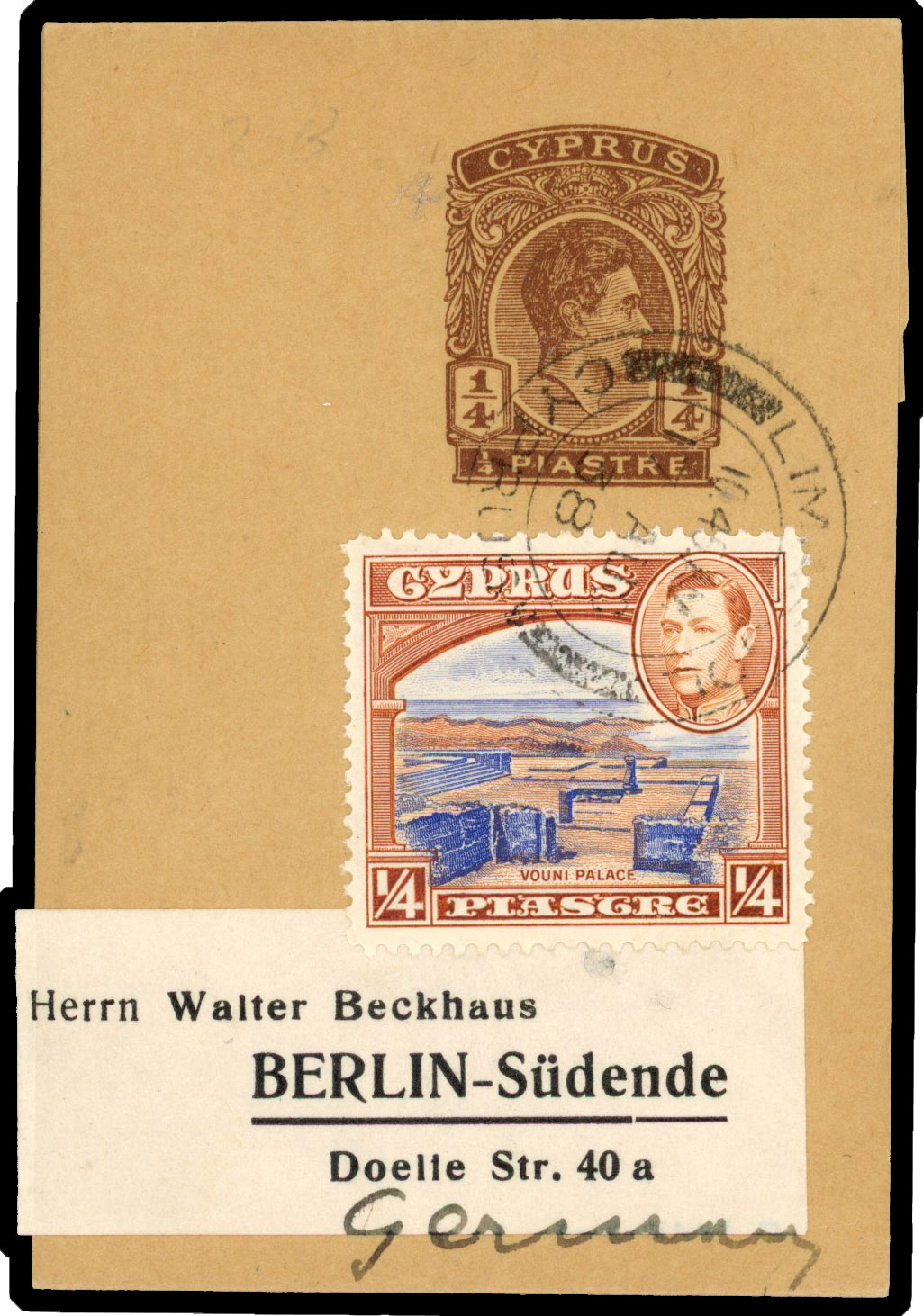 1938 ¼pi wrapper up-rated ¼pi, tied ‘LIMASSOL 17 AUG 38’ cds to Germany. Scarce H&G E14. ADDED TO R2000893/125  