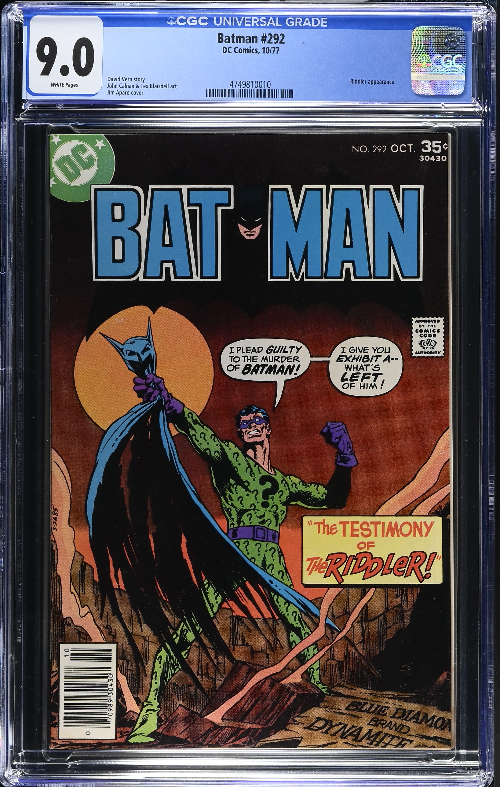 Batman #292 CGC 9.0 Riddler Cover by Jim Aparo (DC Comics, 1977) White Pages 