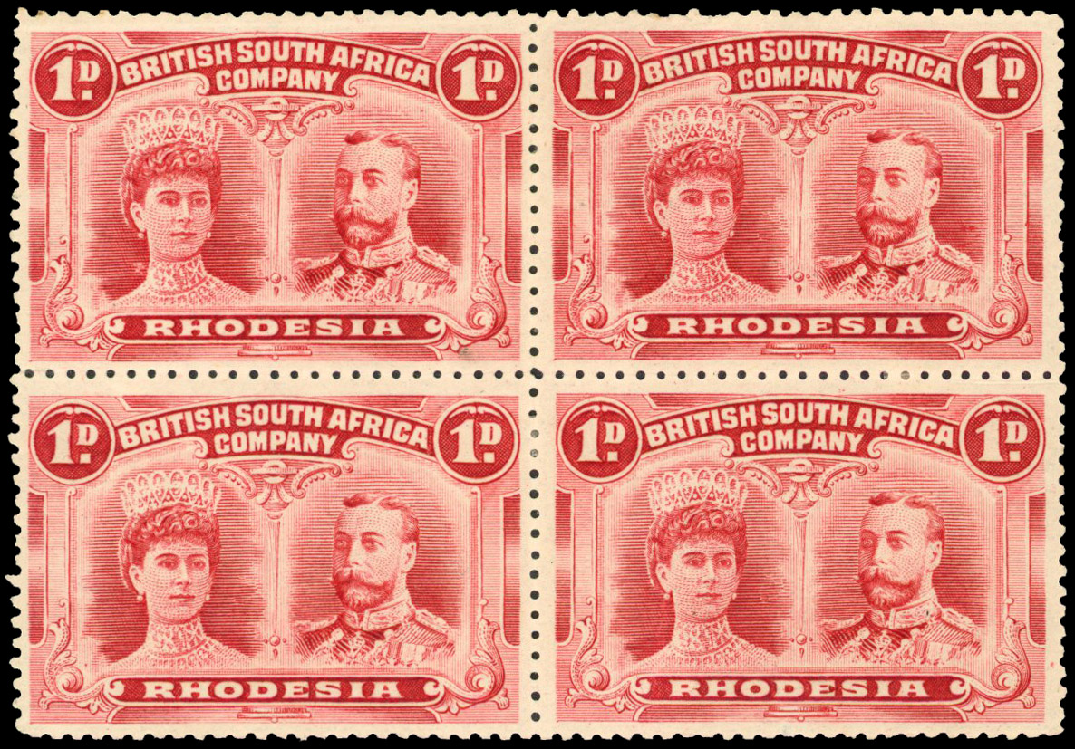Rhodesia 1910-13 1d carmine-lake perf 14 block of 4