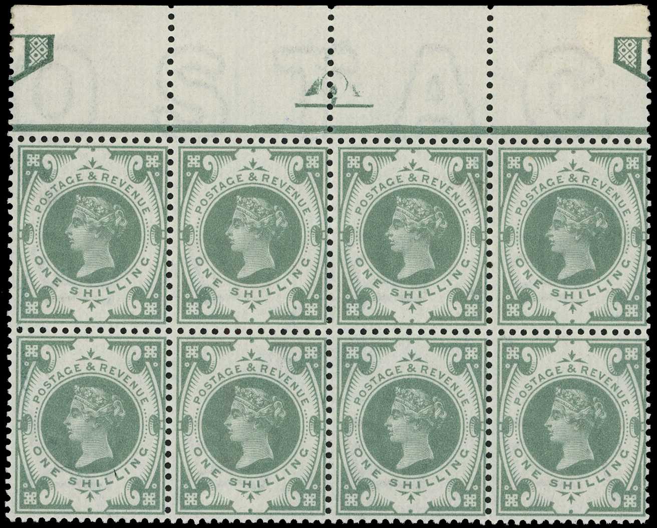 1887 1/- green top marginal block of eight...