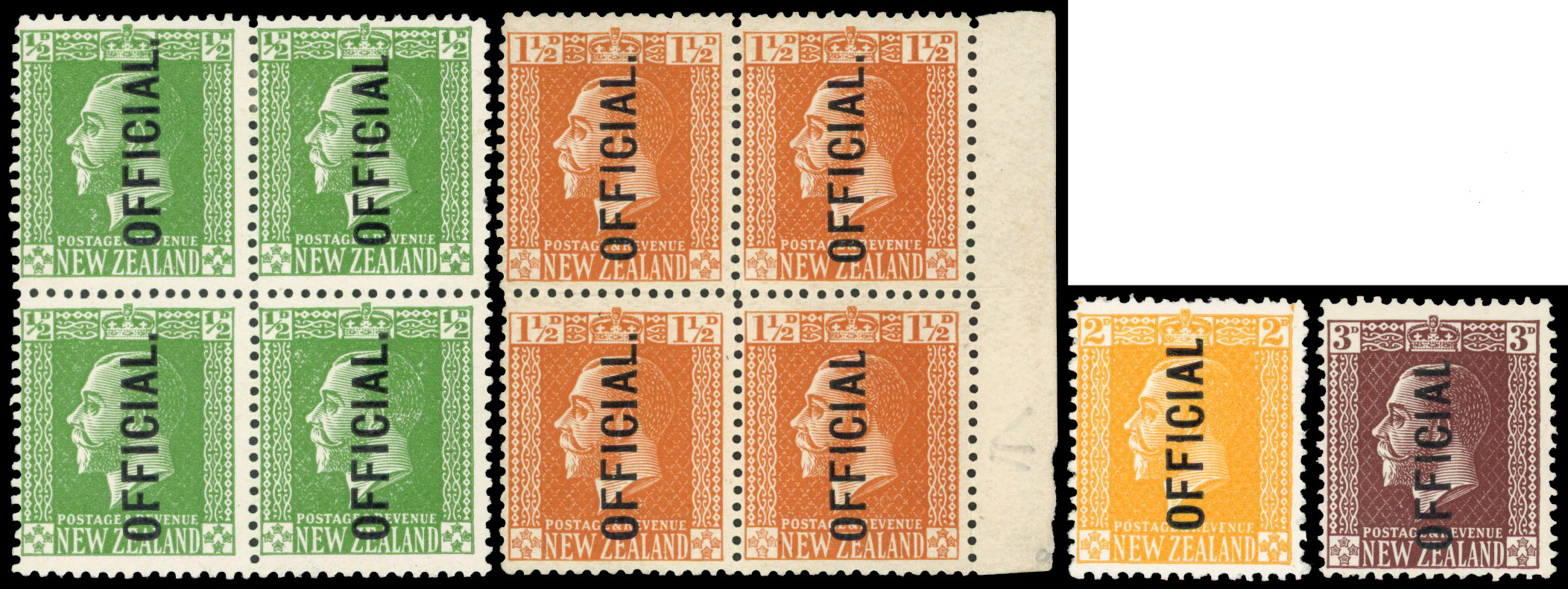 New Zealand 1915-34 official ½d, 1½d, 2d, 3d variety No stop