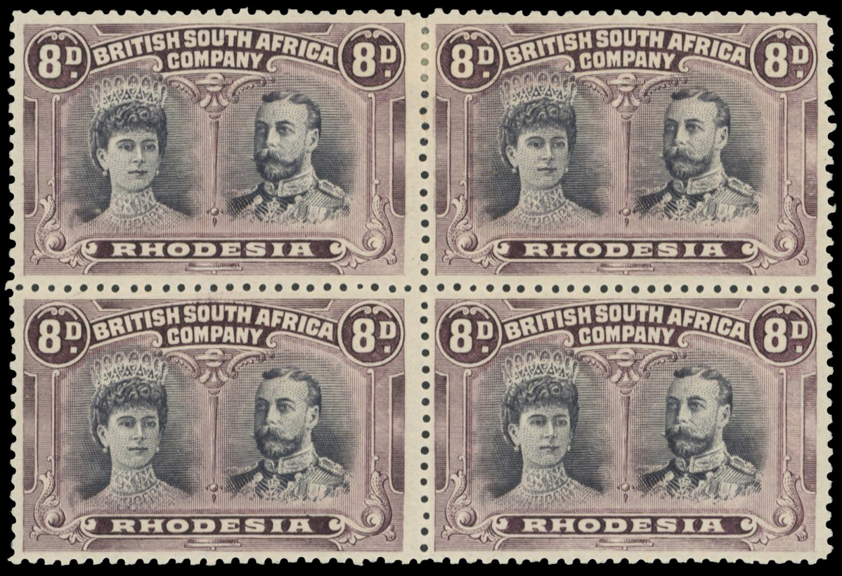8d grey-black and deep dull purple perf 13½ SG 185 block, positions 9-15 mint