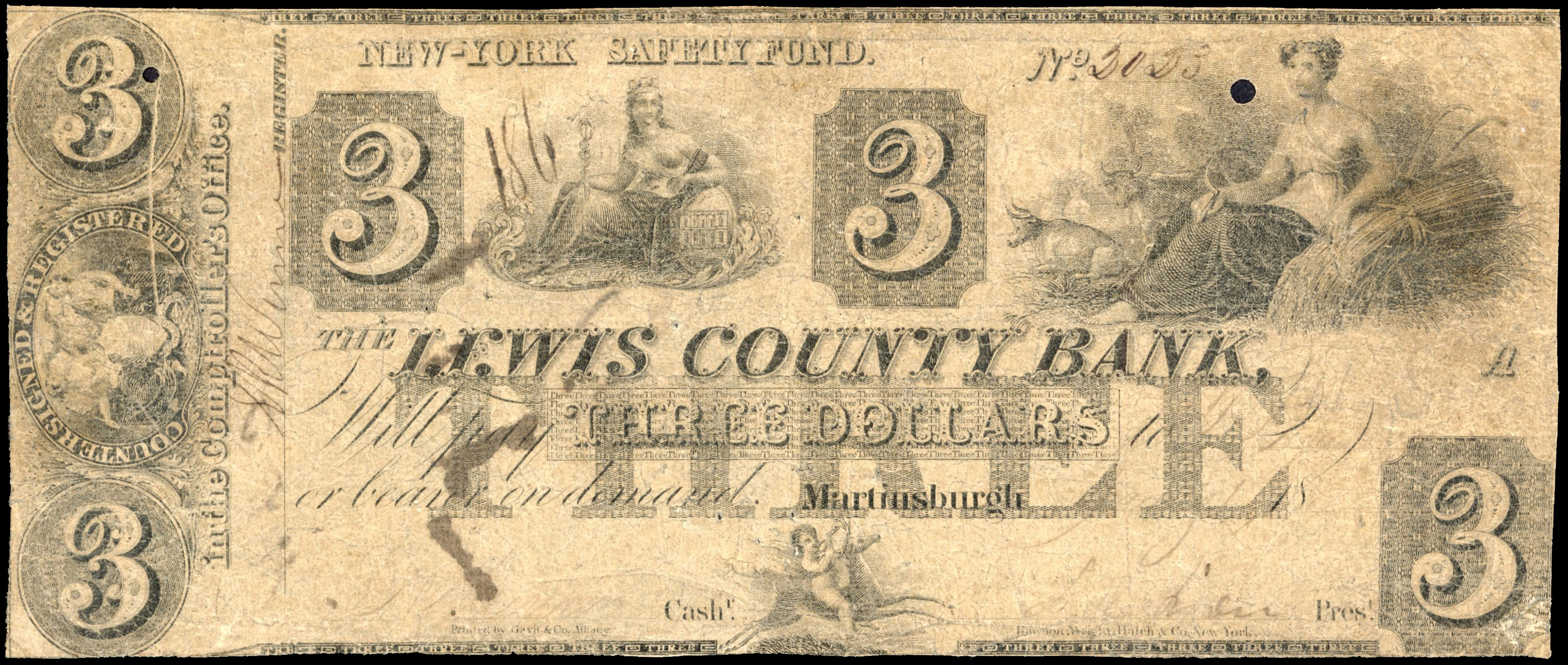 USA, NY. Martinsburgh, Lewis County Bank, Uniface Three Dollars, (1840s). About Fine, faded.…