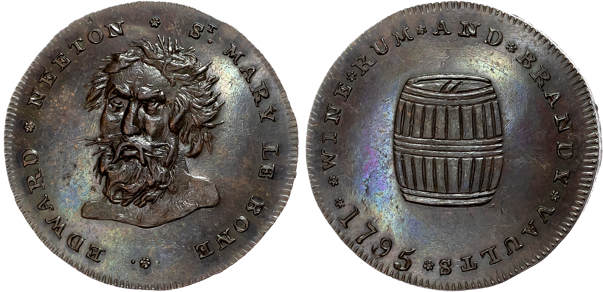 London , Lisson Green , Edward Neeton (publican of the ’Brazen Head’) Halfpenny 1795, Wildman head, rev. brandy barrel, …
