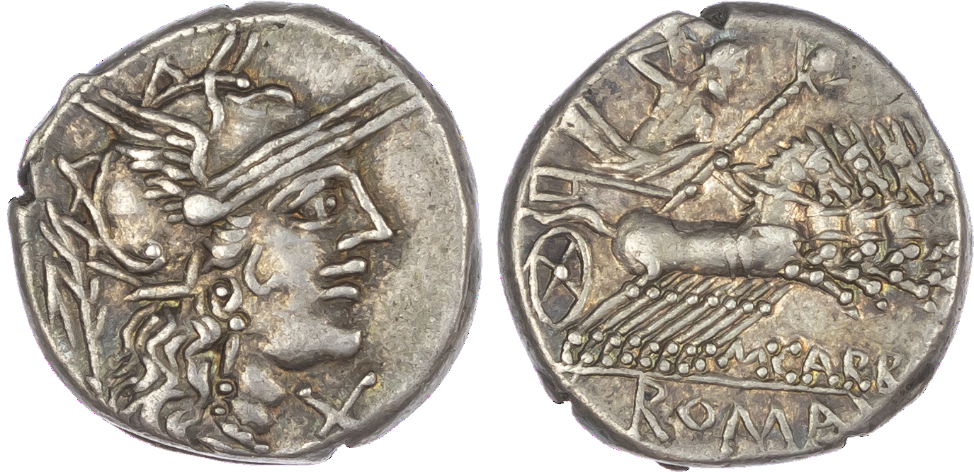 Cn. Papirius Carbo (121 BC) AR Denarius, Rome, 3.92g. Helmeted head of Roma facing right, laurel branch behind, X (mark of