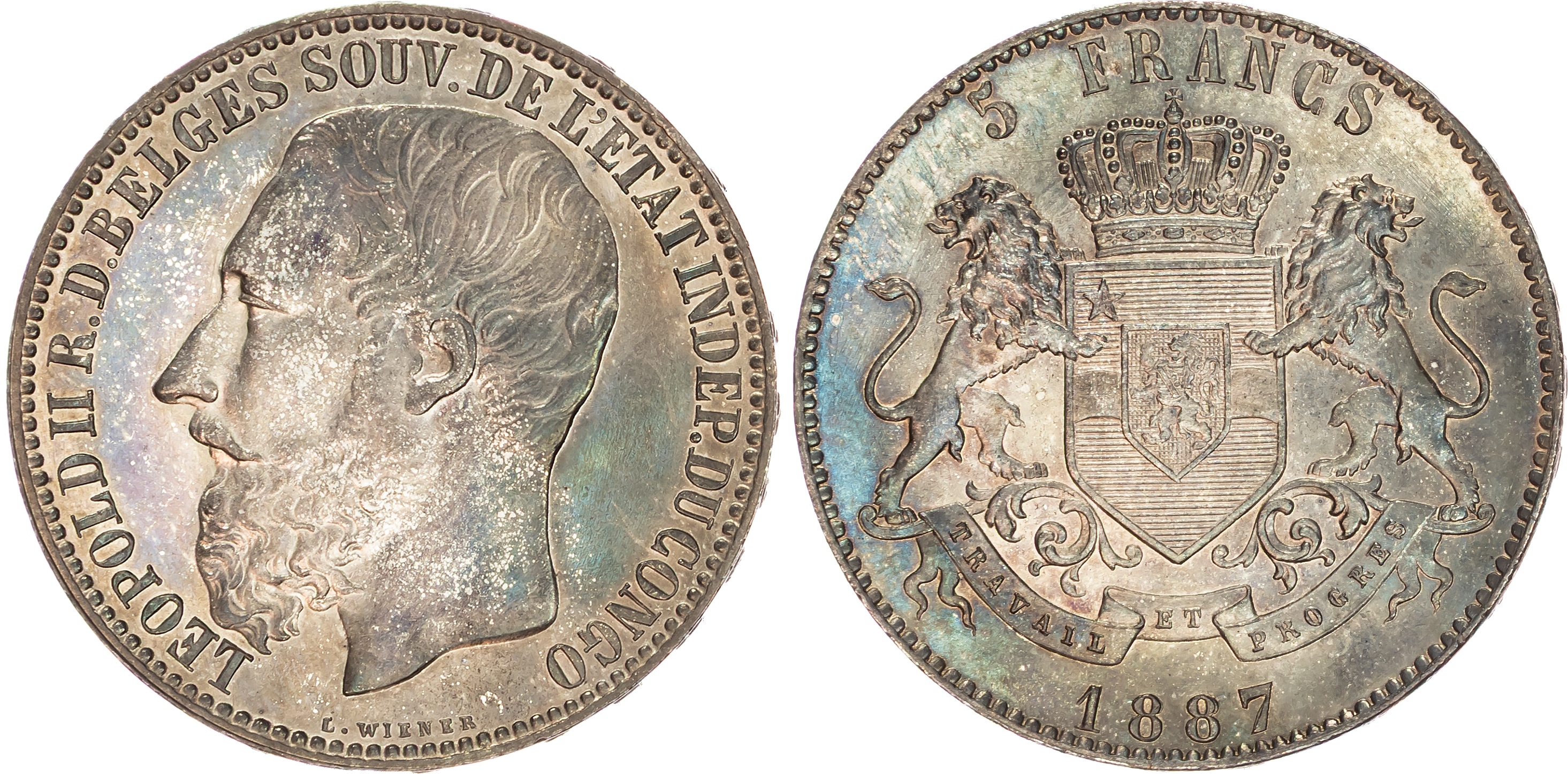 Belgian Congo, Leopold II (1865-1908), silver 5 Francs, 1887