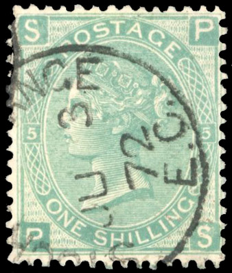 GB 1872 1s green Plate 5 (PS) Stock Exchange Forgery used