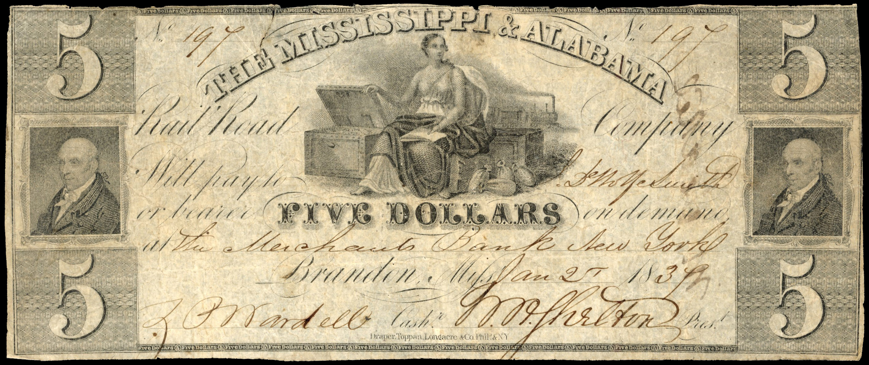USA, MO. Brandon, Mississippi & Alabama Rail Road Company Uniface Five Dollars, 2 Jan 1837. Fine with ink sign…