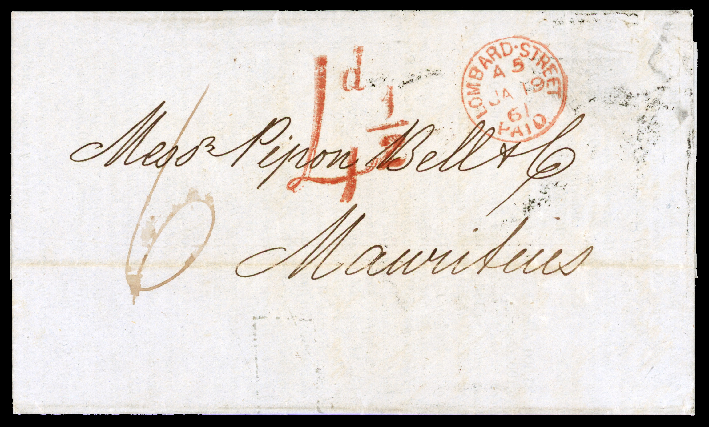 POSTAL HISTORY: 1861 unstamped entire from London cancelled Lombard St cds in red “JA 19 61” rate ‘6’ with sca4½d handstamp