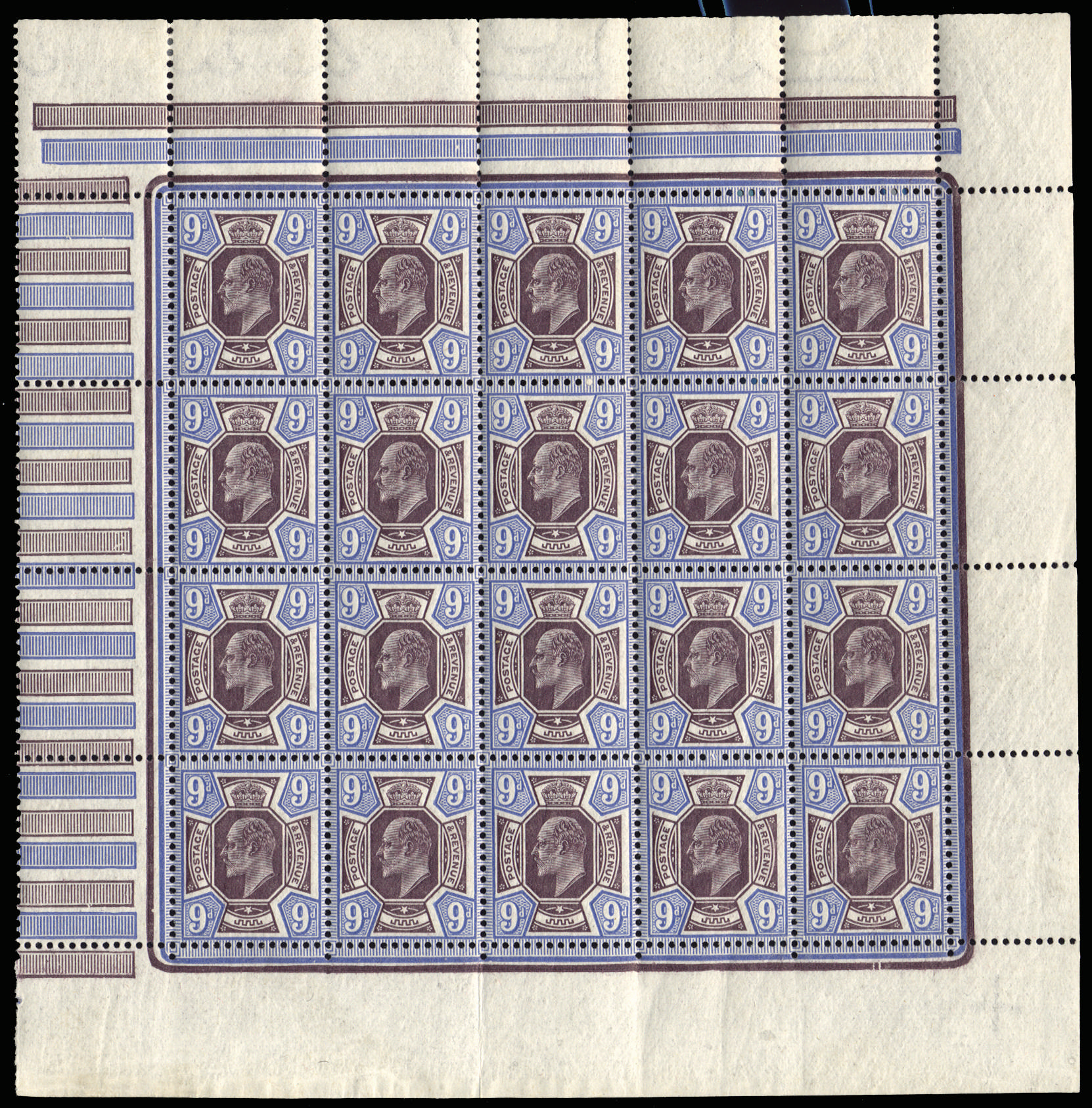 Great Britain 1913 9d Deep plum & blue. Very fine unmounted o.g. complete pane of twenty printed at Somerset House…
