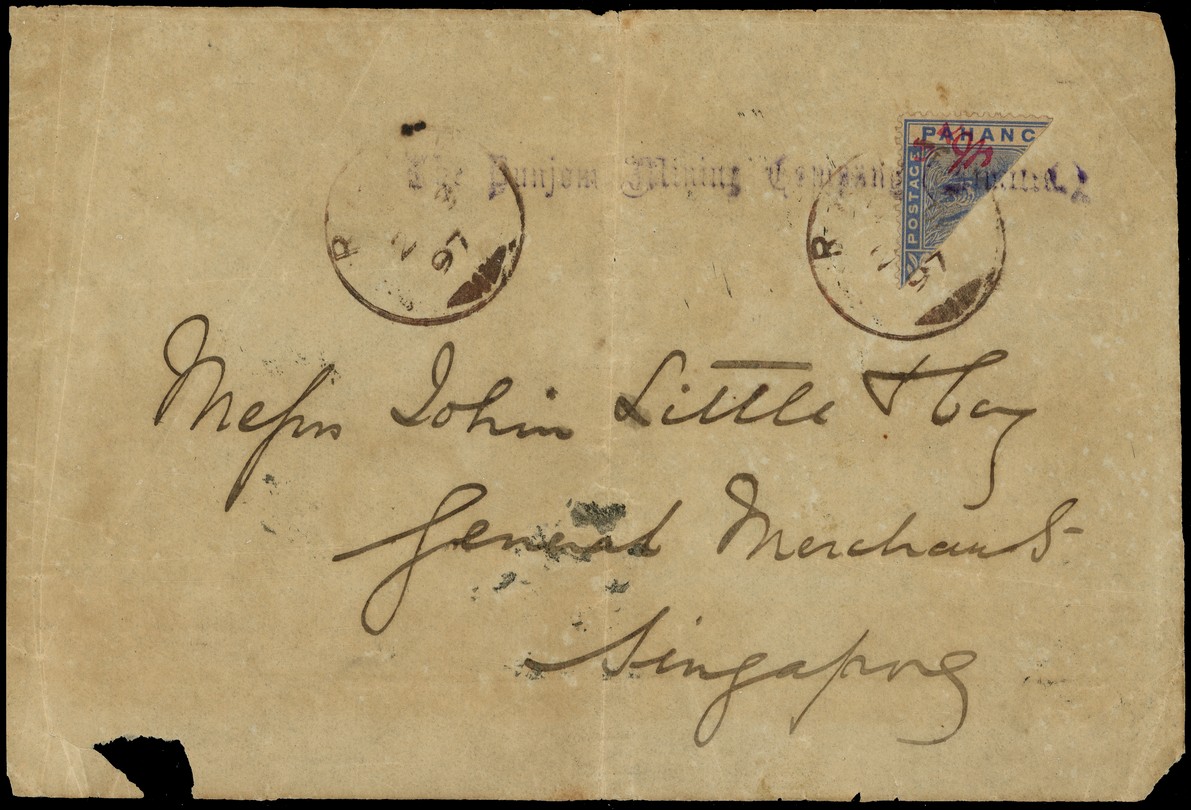 1897 3c on half of 5c blue, the Kuala Lipis manuscript provisional, divided diagonally with this being the left half, used...