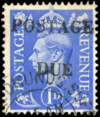 1951 1d Light ultramarine - Bury St Edmunds Postage Due used (SG504var)