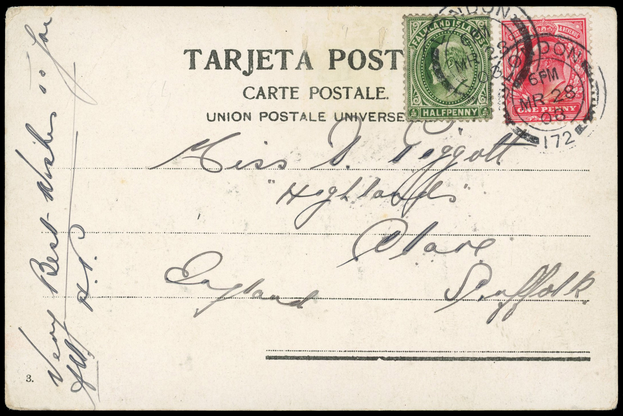 Falkland Is SG 43 1908 card posted at sea, mixed Falklands/GB franking