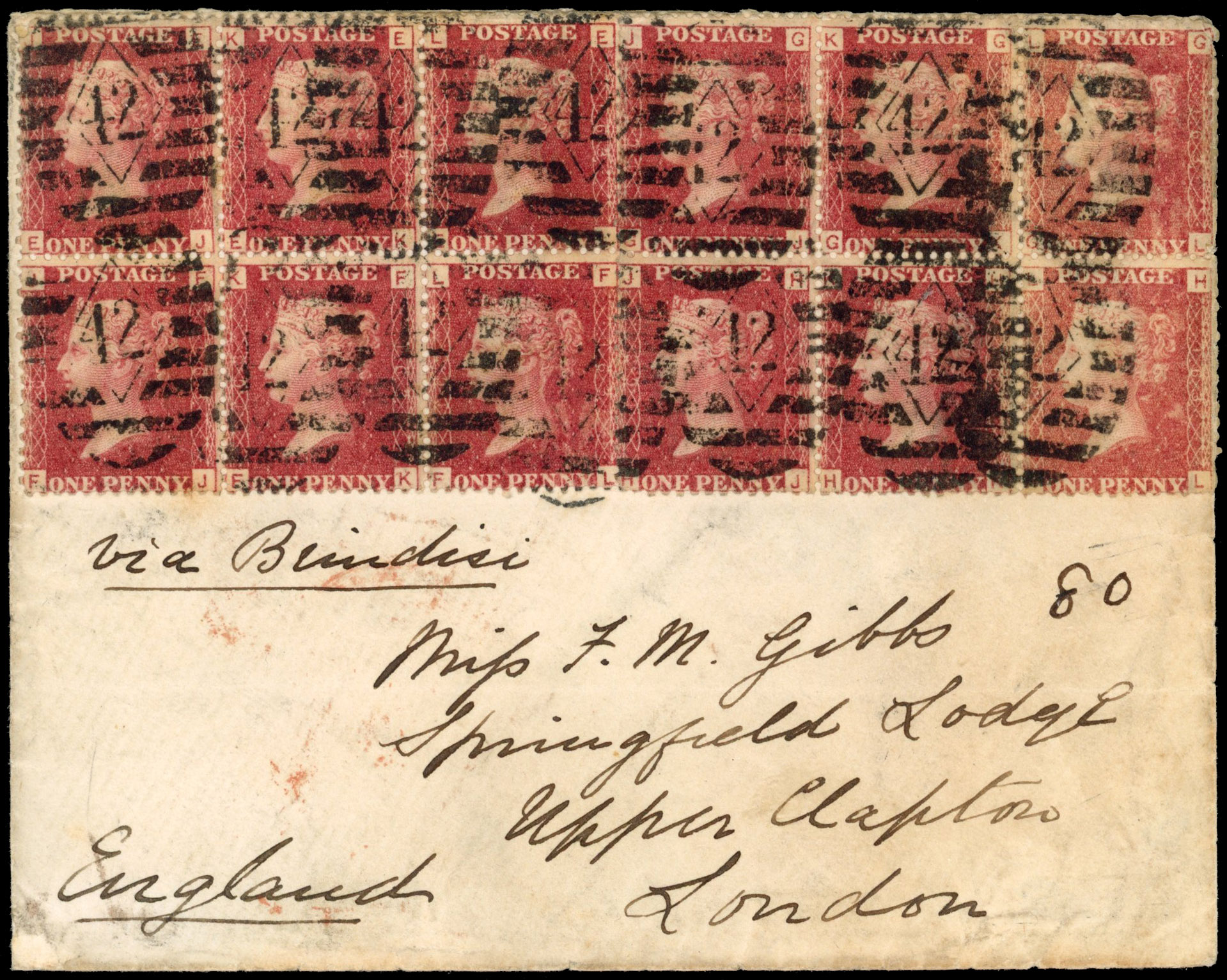 GB 1875 1d rose-red two blocks of 6 on Ship Bag cover from Ceylon to England 