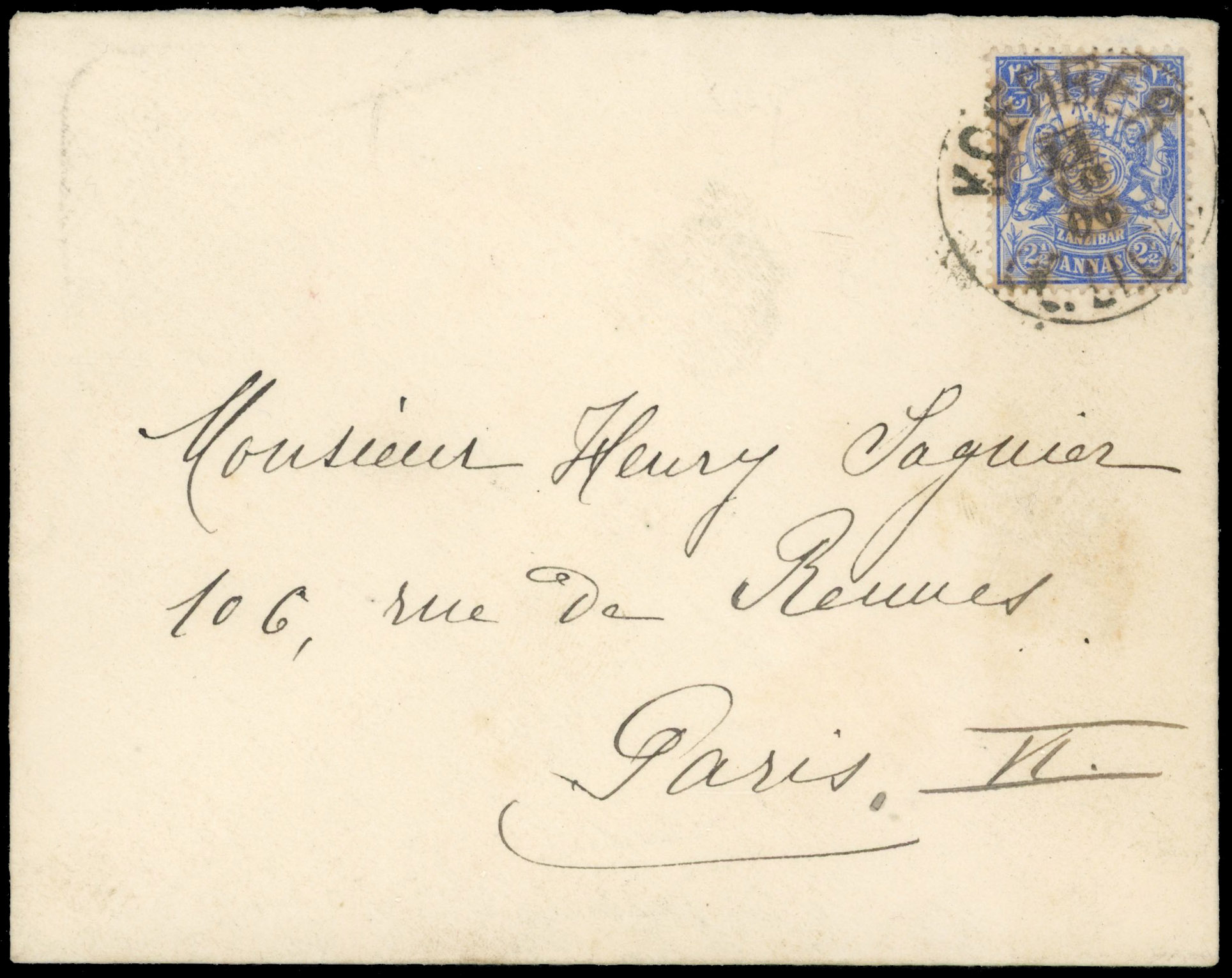 Zanzibar 1906 cover to Paris franked 2 1/2a with Austrian Lloyd cancel