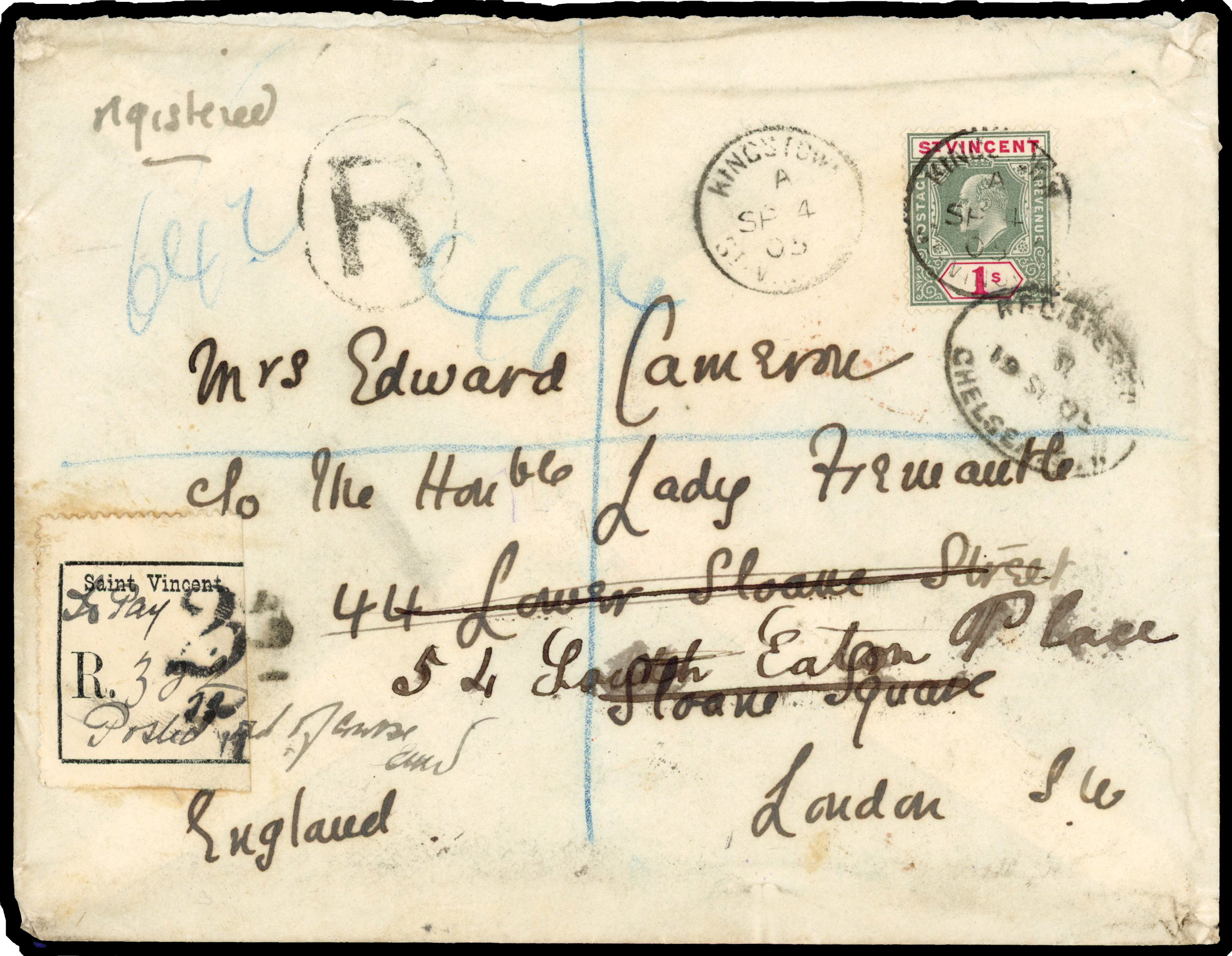 ST VINCENT: 1905 registered, embossed Government House cover to London, re-directed on arrival