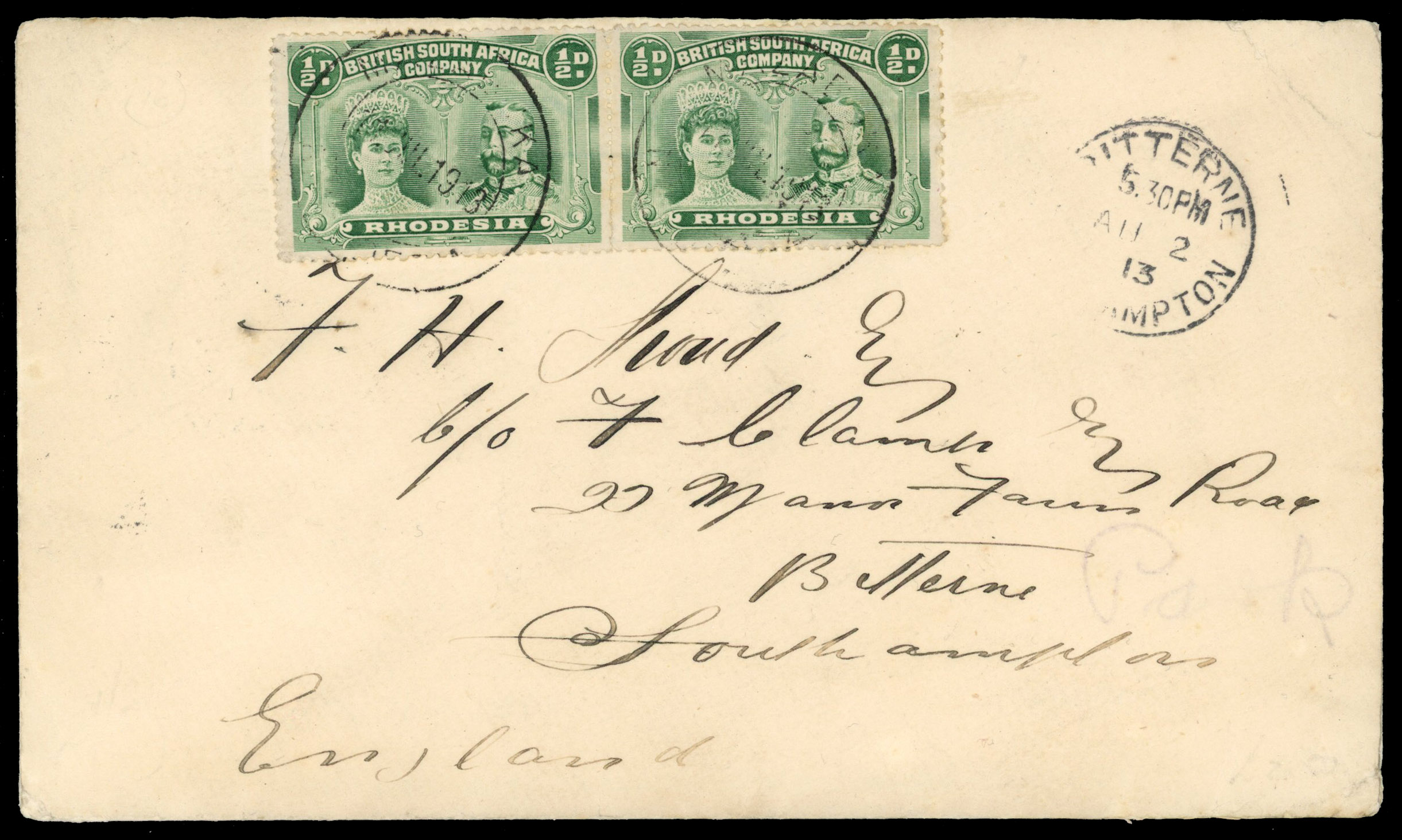 ½d dull blue-green pair on cover Mazabuka DCs