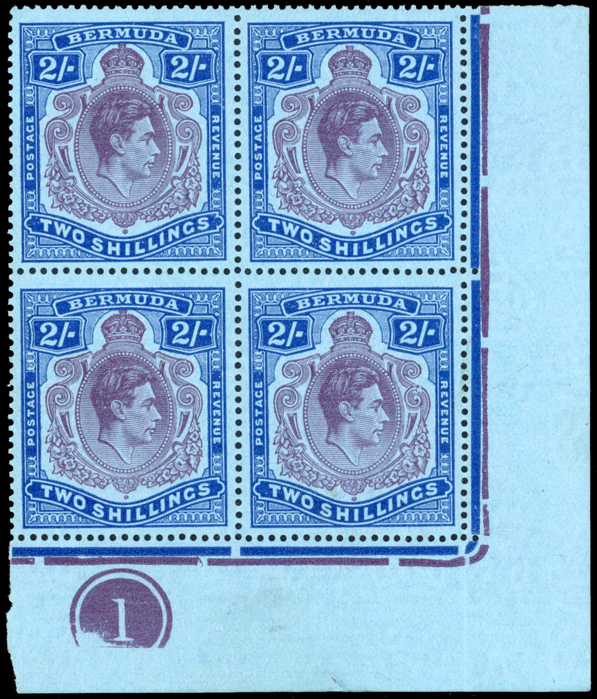 Bermuda SG 116d/de 1938-53 2s plate block variety Broken lower right scroll mint