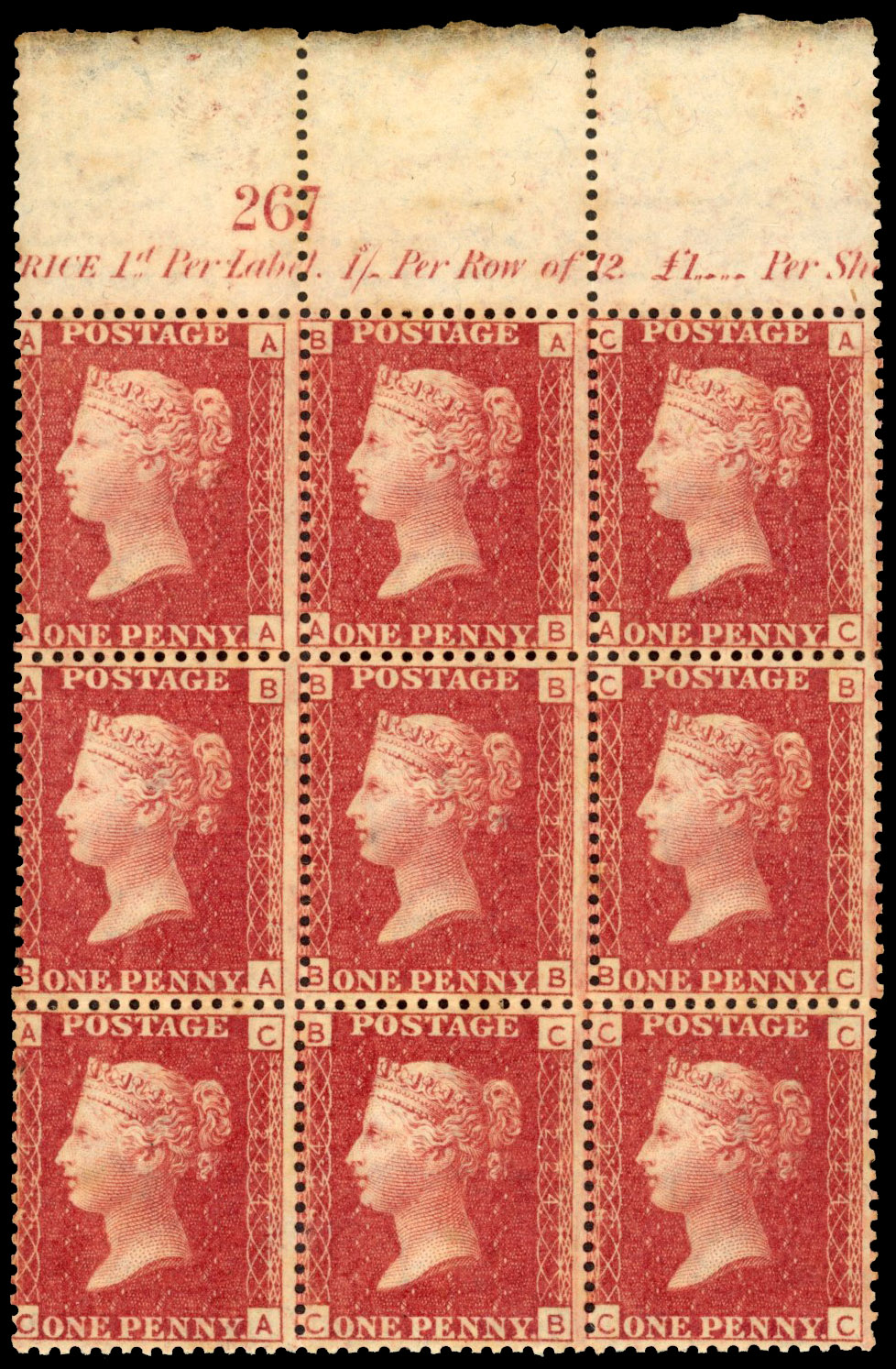 GB 1d rose-red Plate 224 block of nine mint