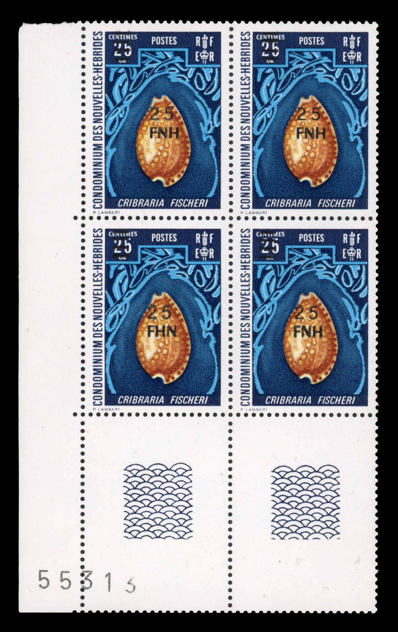 New Hebrides 1977-78 25f on 25c FHN error within corner block 4