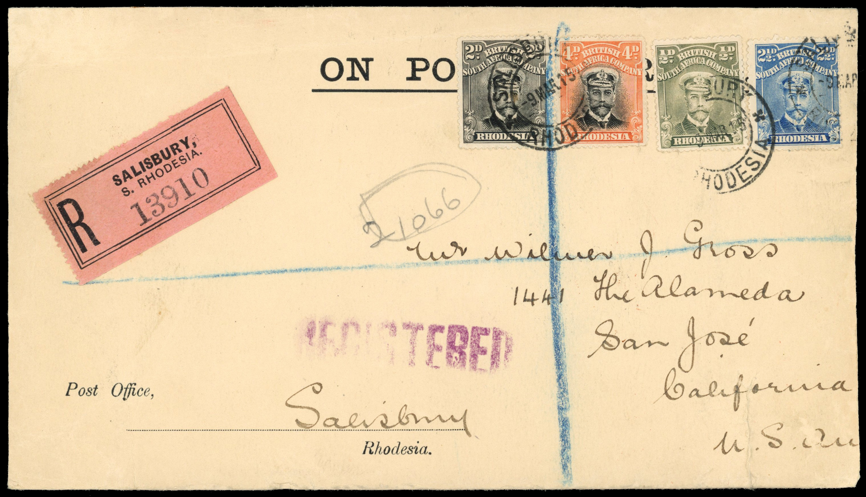 Rhodesia SG 216 1915 four-colour cover to USA