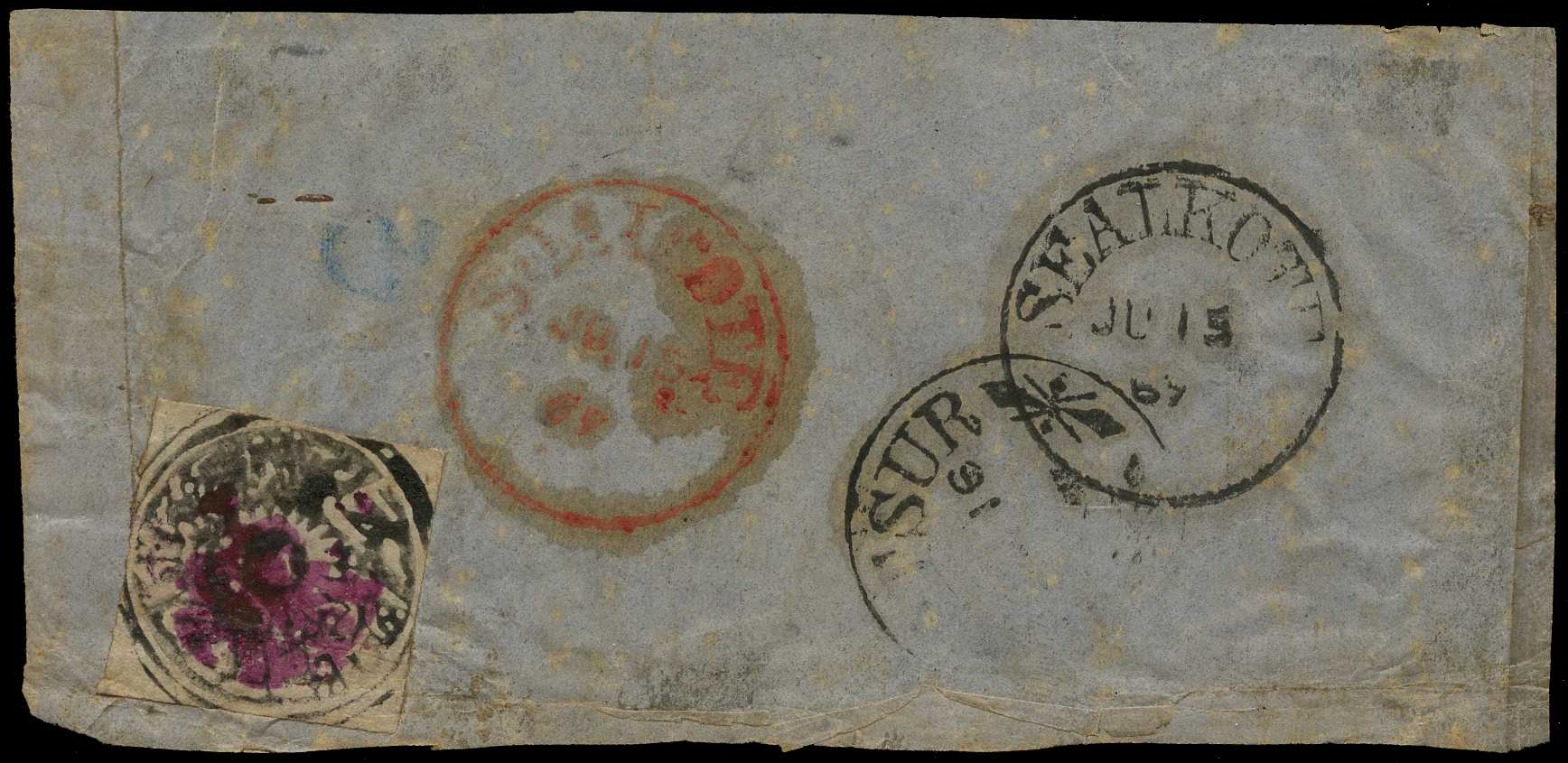 1866 ½a grey-black on piece with magenta...