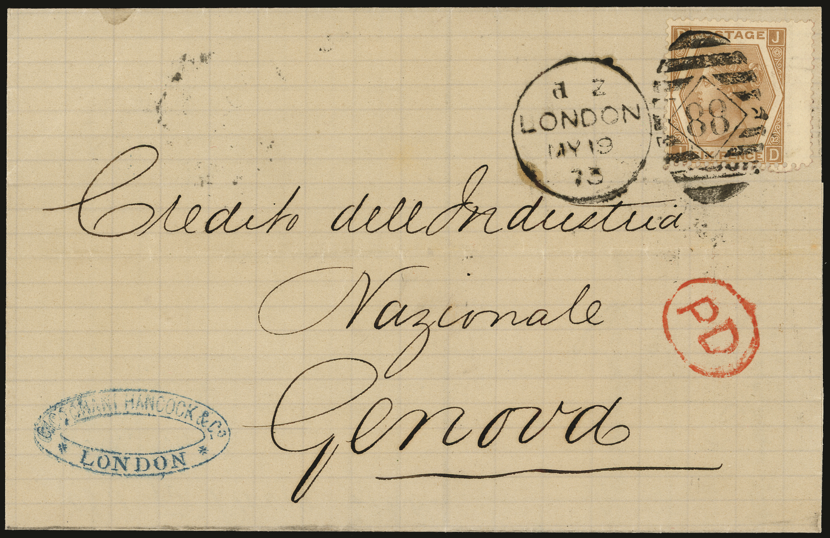 SG124 1873 6d Chestnut Pl.12 cover to Genoa