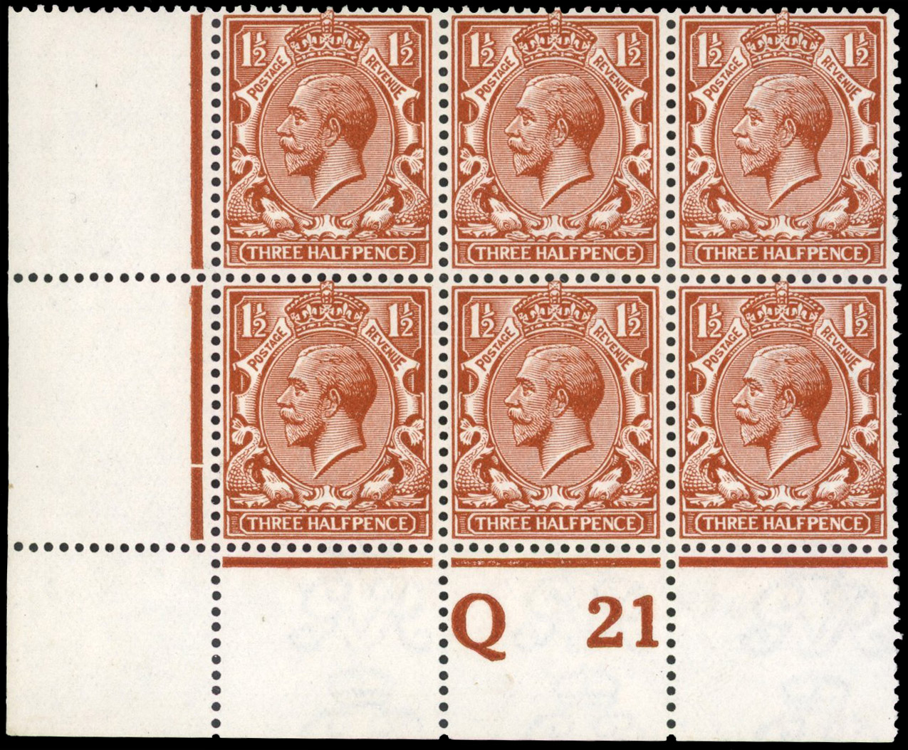GB 1912-24 Royal Cypher 1½d deep orange-brown, mint unmounted o.g. control Q21 block of six from plate 20a