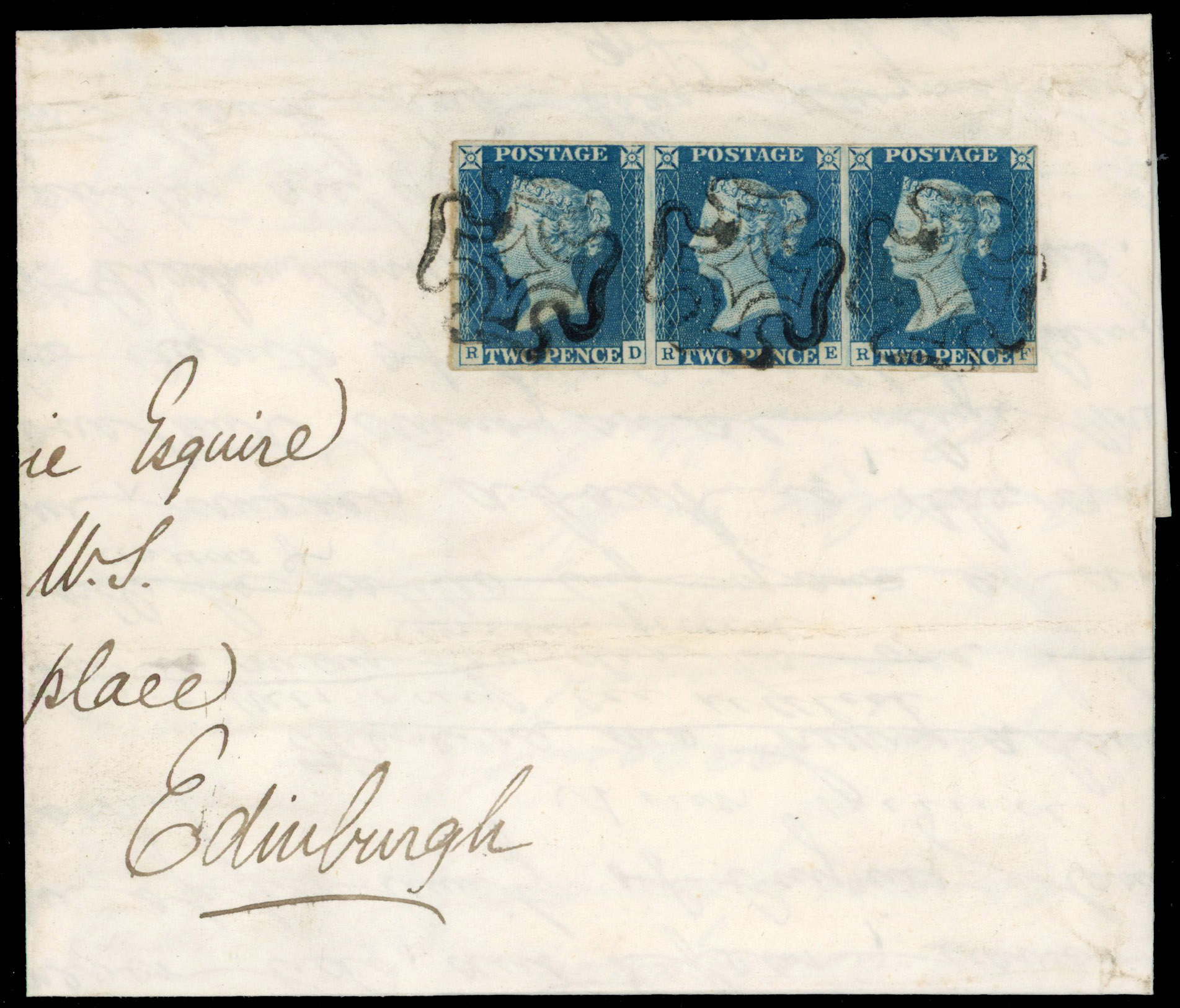 GB 1840 2d blue strip three on part entire