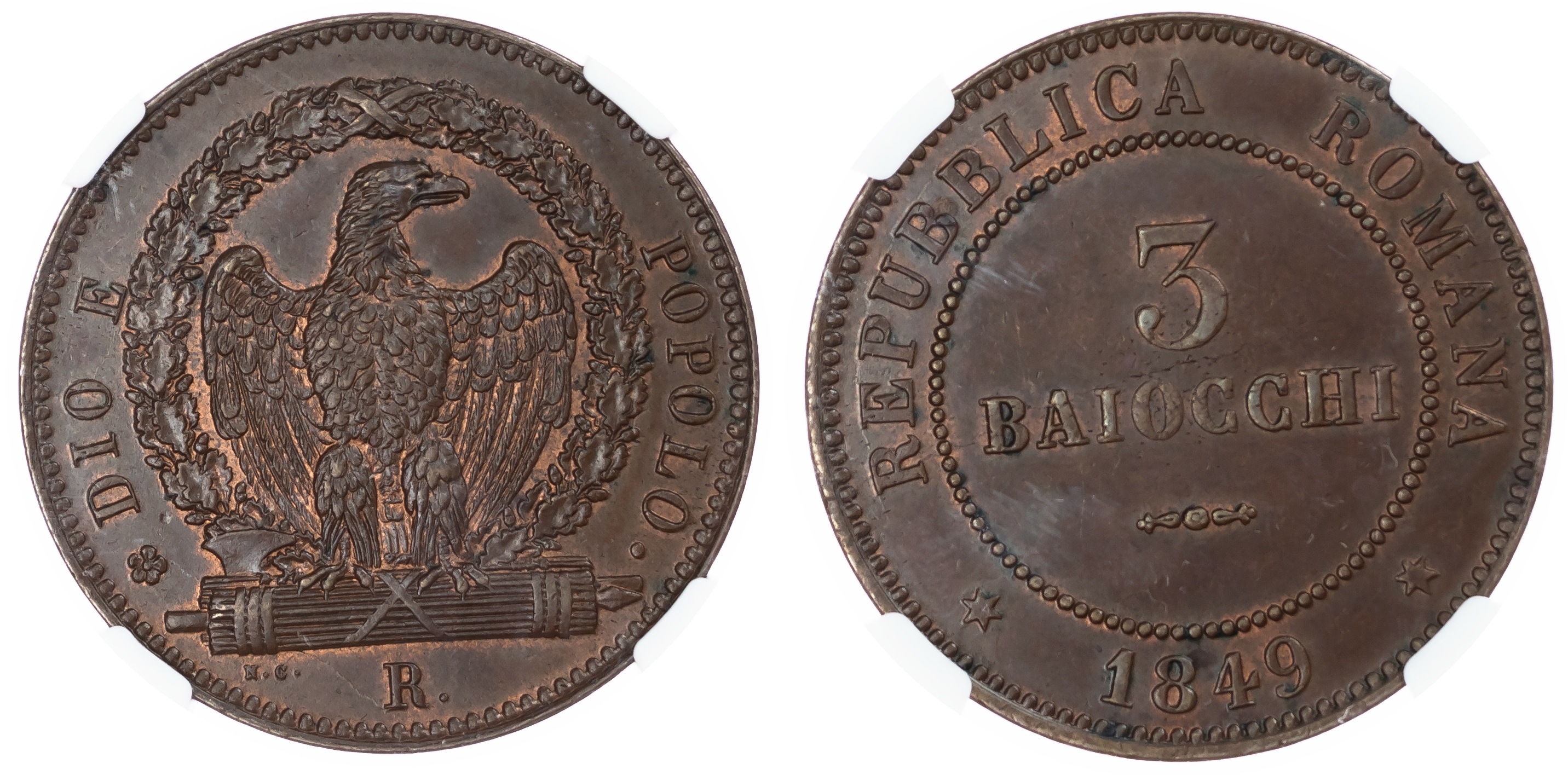 Italy, States. Roman Republic CU 3 Baiocchi. 1849R.