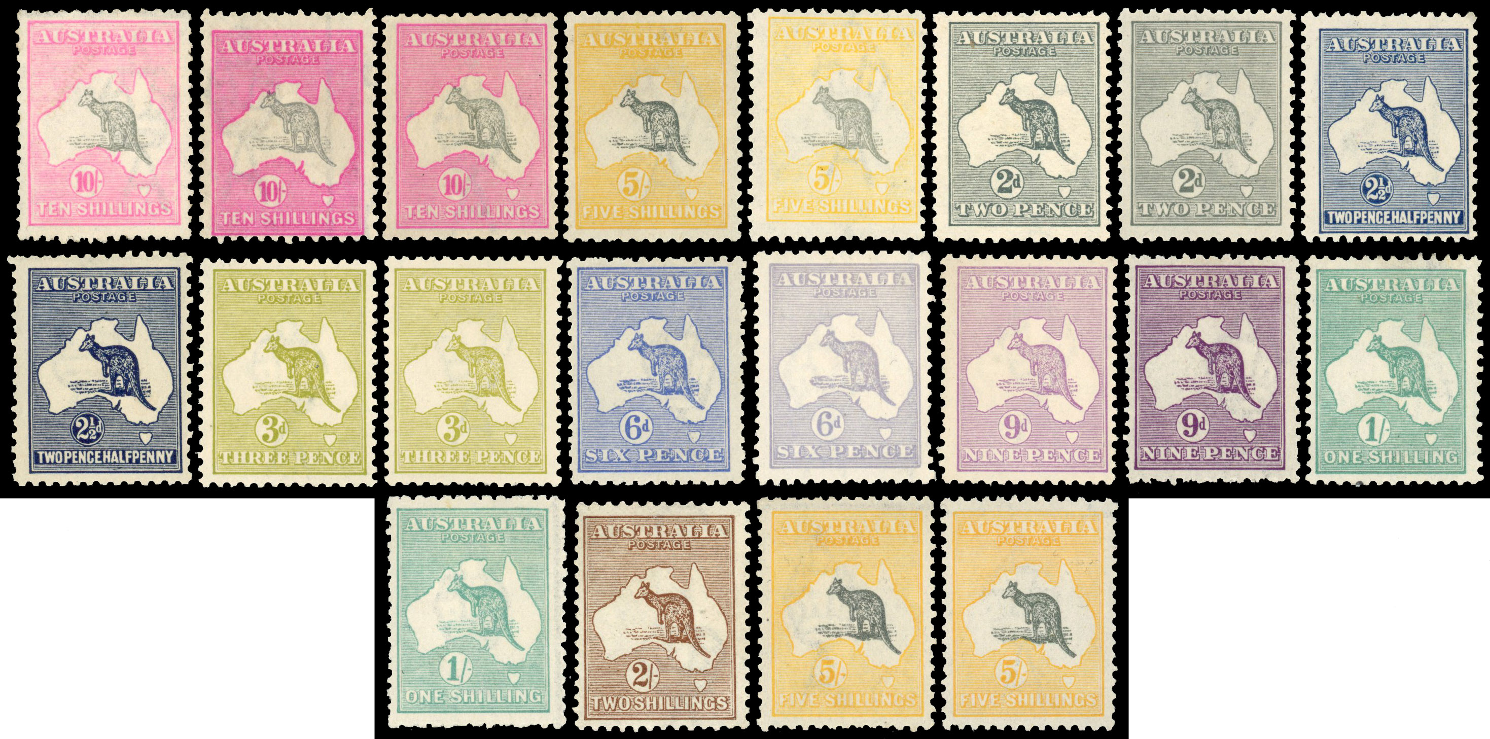 Australia Roos 3rd Watermark specialised Set (20) to 10s WITH SHADES S.G. 35/43b