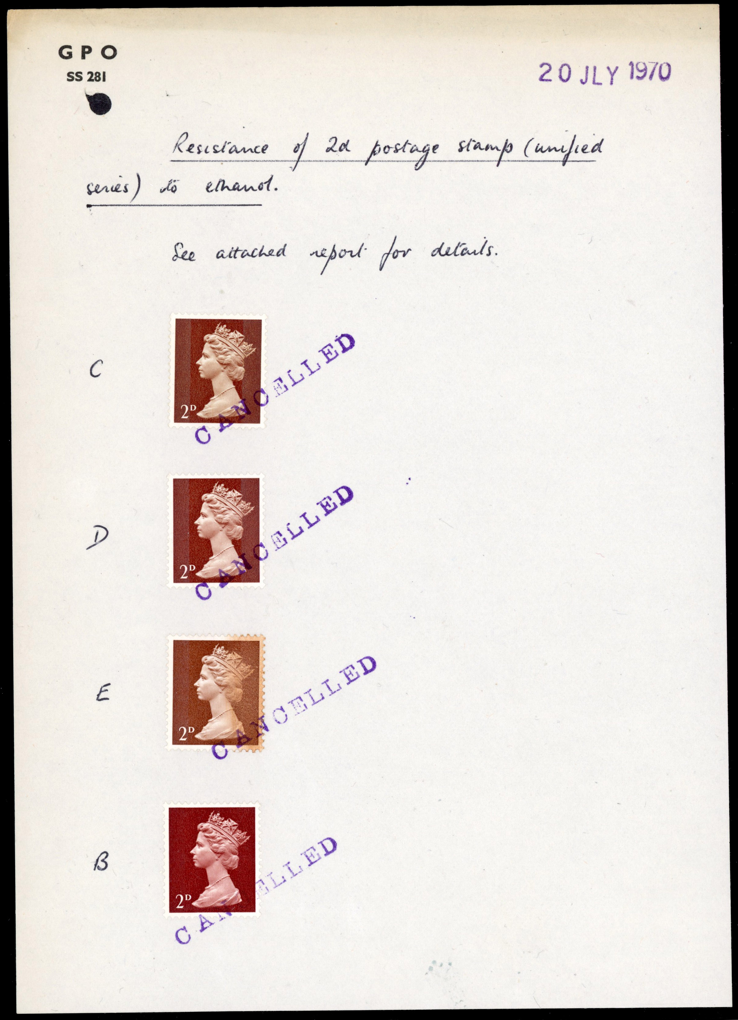 GB SG 726 1970 Post Office phosphor removal experiments on 2d Machin 