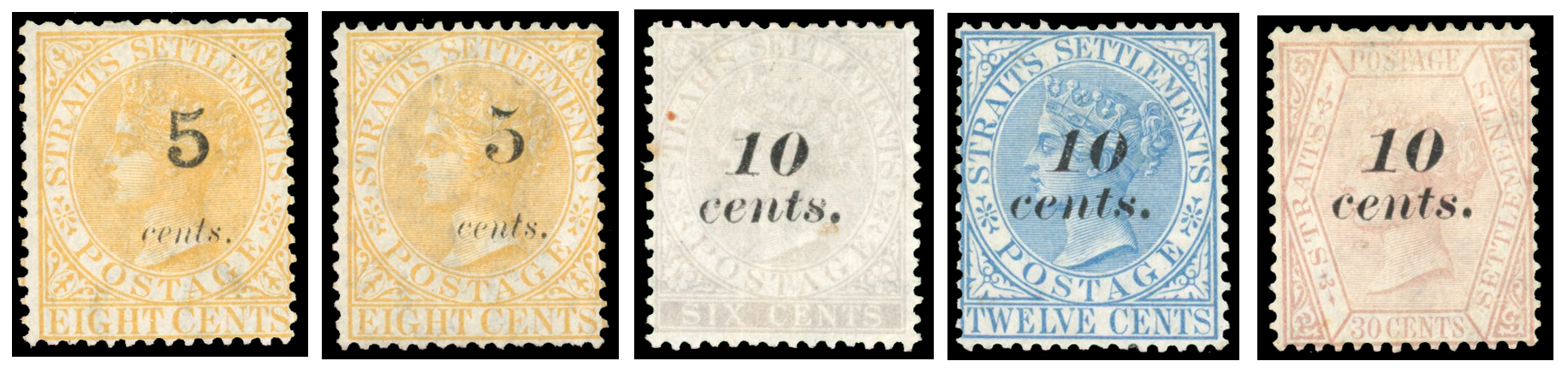 Straits Settlements SG 41/42, 44/46 1880 5c on 8c (types 13 and 14) and 1880-81 10c on 6c, 12c, 30c