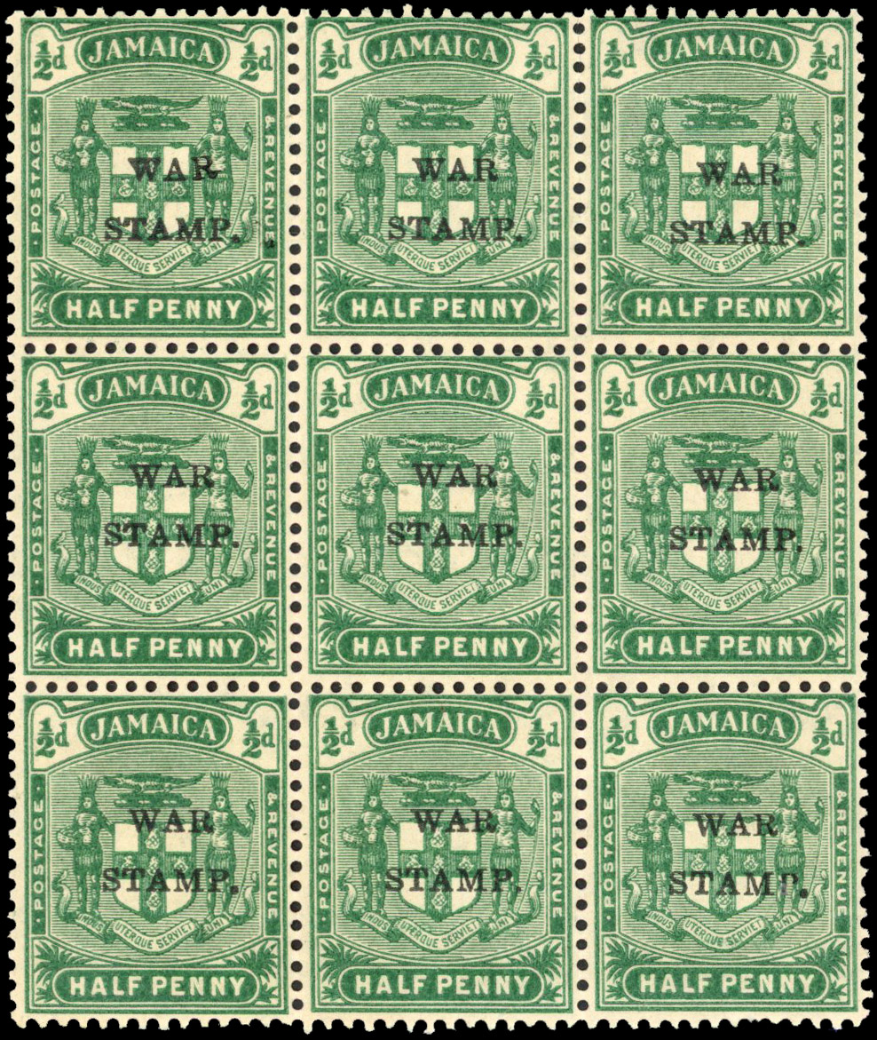Jamaica 1916 ½d blue-green War Stamp variety R inserted by hand