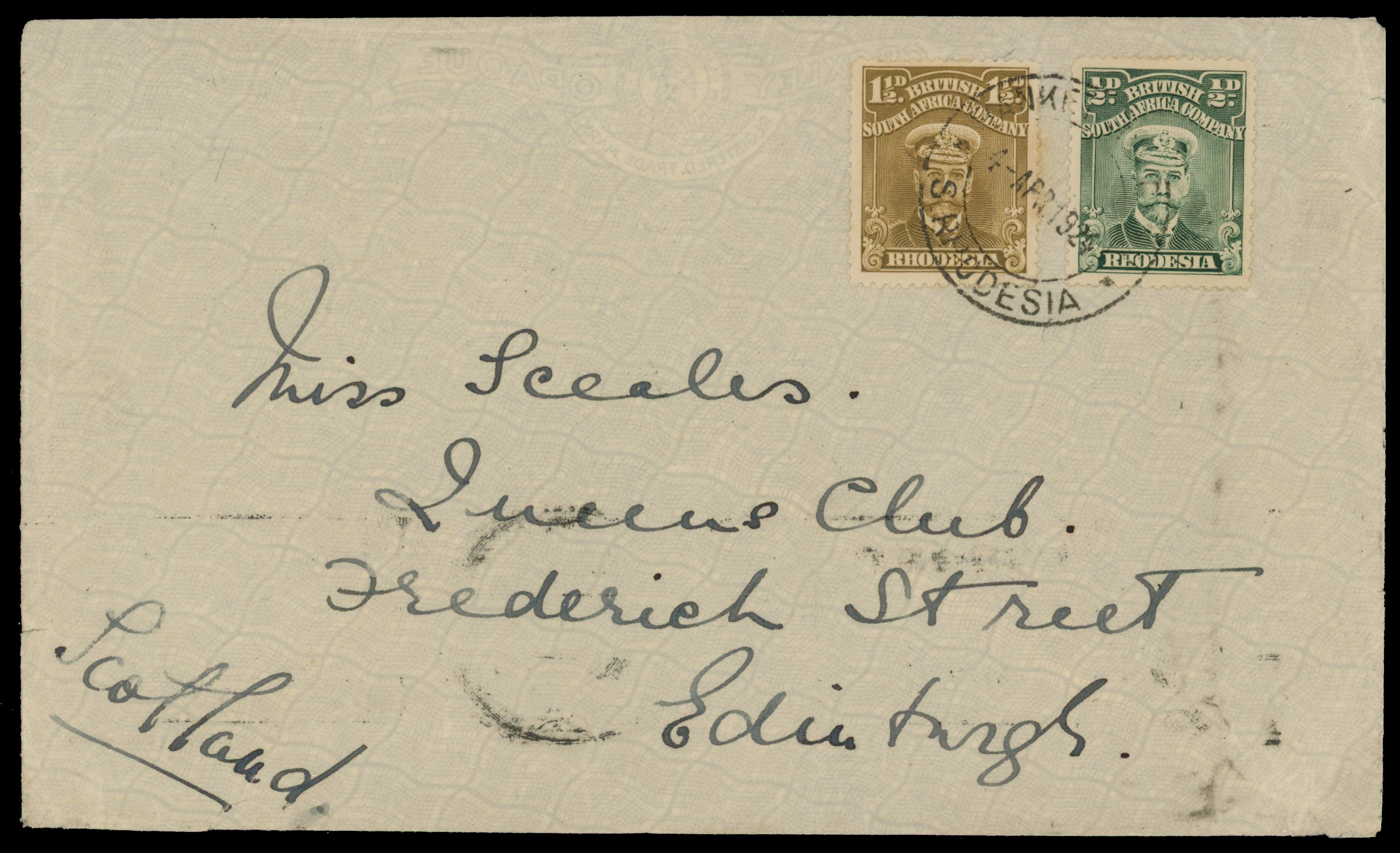 Rhodesia 1924 cover with Admiral ½d and 1½d, used after the issue of S. Rhodesia stamps
