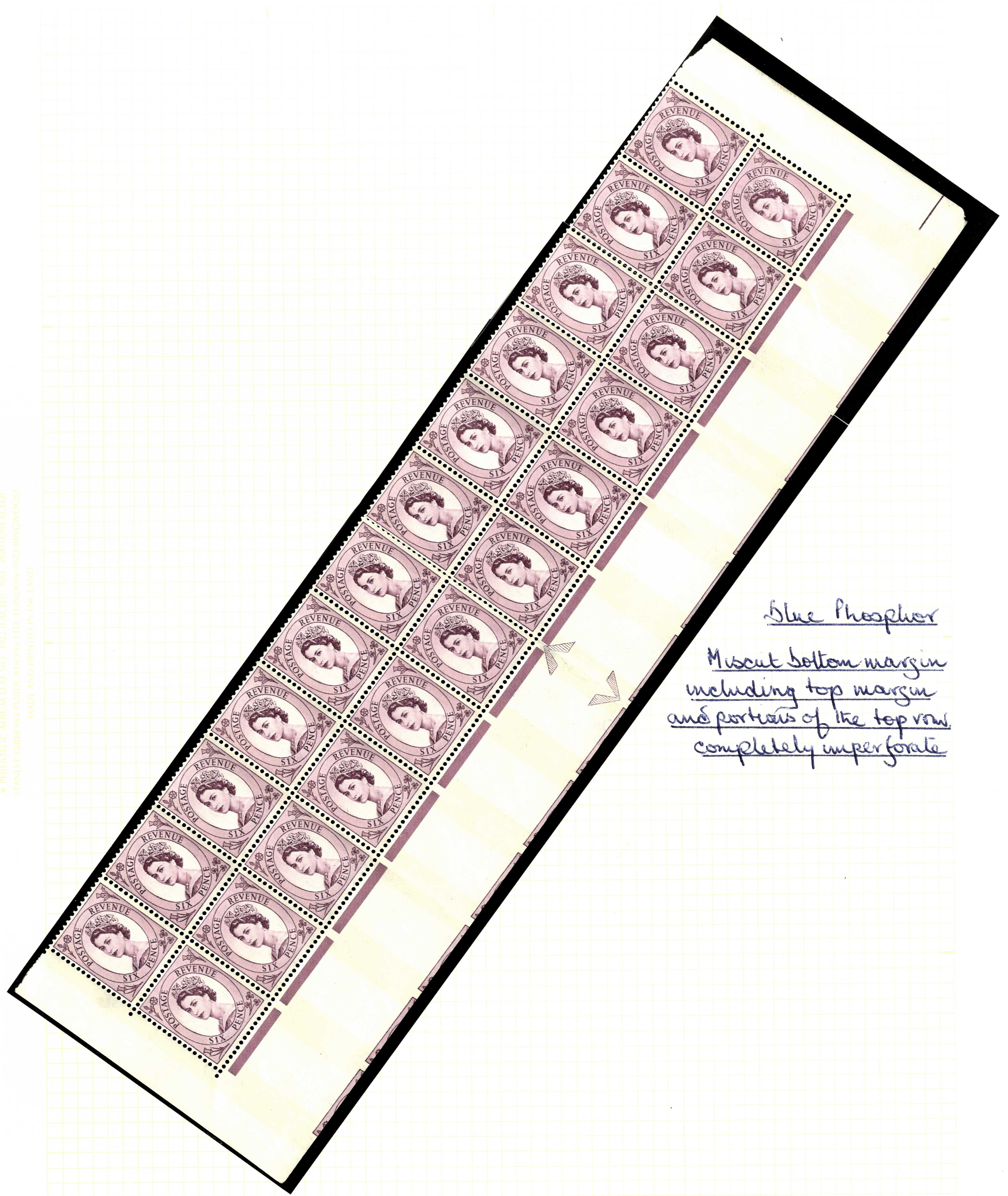 GB: 1961 Wilding 6d deep claret, cream paper, two phosphor bands reacting blue, unmounted mint with miscut lower margin 