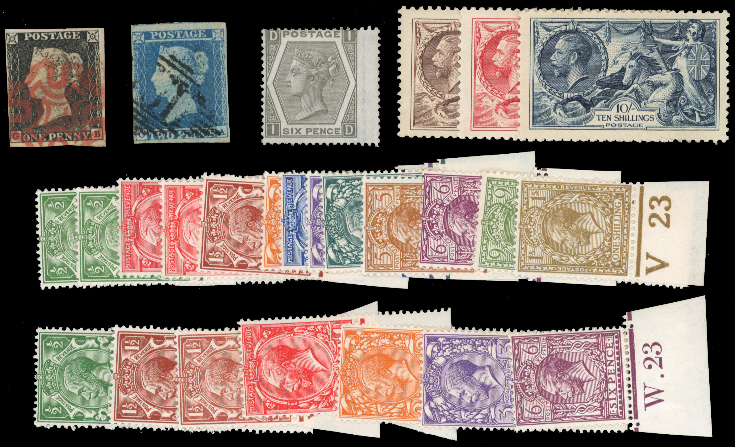 Selection on stockcards including used 1840 1d back (GB) 4-margin, 2d blue 3-margin, mint 1872 6d grey plate 12,