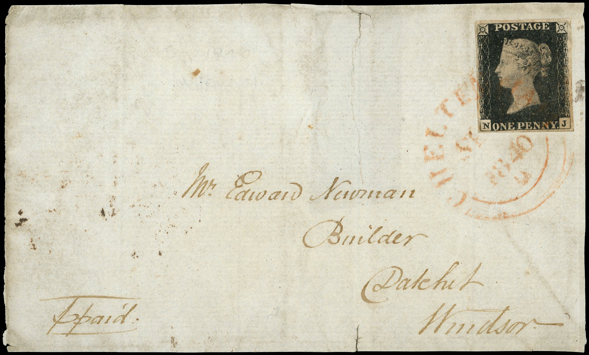 1840 1d Black Pl.6 (NJ). Sole red Cheltenham datestamp on piece.