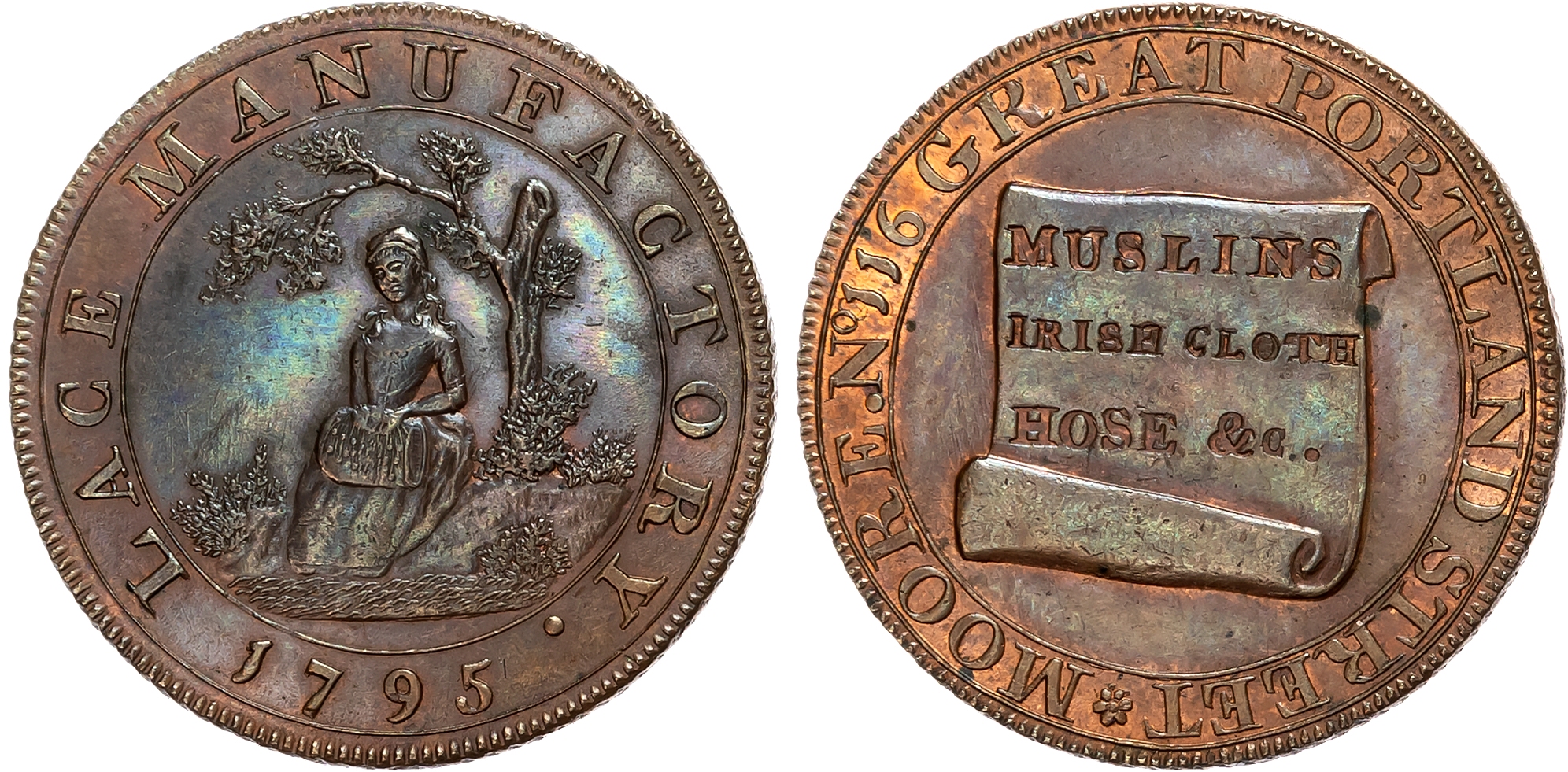 London , Great Portland Street , Joseph Moore (breeches maker and cloth & lace merchant) Halfpenny 1795, A girl making l …