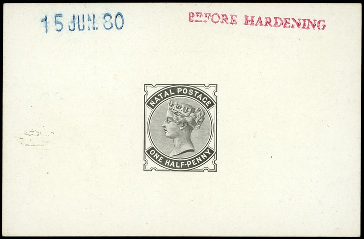 1880 ½d Die Proof in black on glazed card 93 x 60mm, dated 15 JUN. 80 in blue and marked BEFORE HARDENING in red.  Fine. ...
