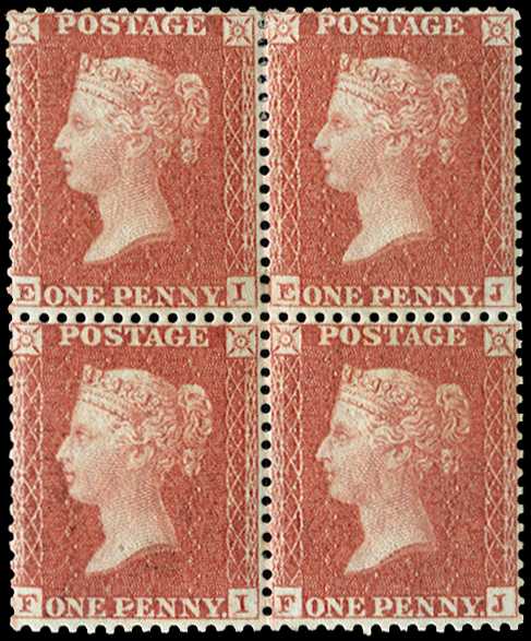 1855 1d red brown Pl.7 (Wmk. Large Crown, Alphabet 2). A very fine and fresh perfectly centred unused o.g. block of four...