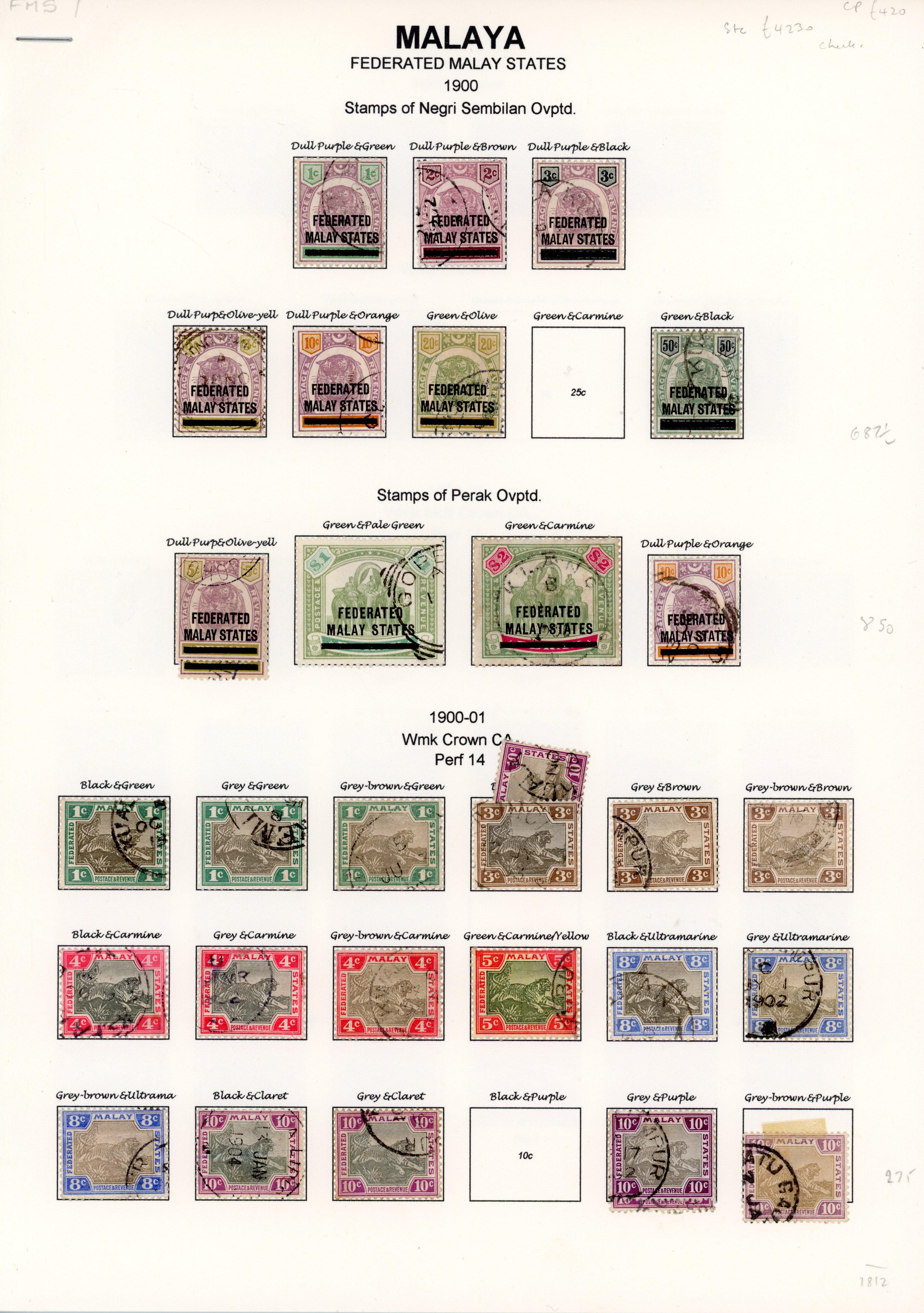 MALAYA FMS: 1900 to 1963 used collection neatly presented on album leaves including 1900 to 20c, 50c, 5c to $2 on Perak, 1900
