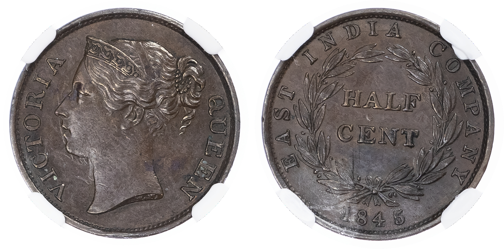 Straits Settlements, British Malaysia. Victoria CU 1/2 Cent. 1845 WW.