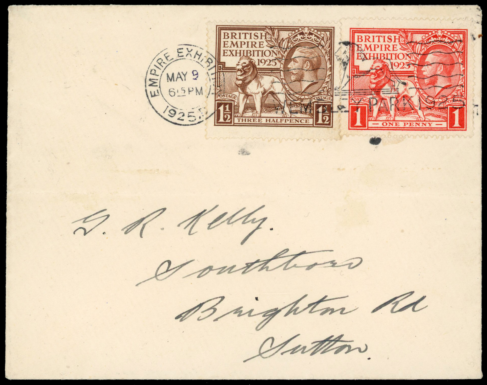 GB: 1925 (9 May) British Empire Exhibition 1d and 1½d used on first day envelope postmarked by ‘Wembley Park (Lion)' slogan
