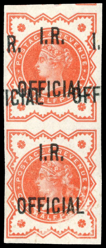 Great Britain SG O13c 1882-1901 I.R. Official ½d vermilion imperf pair and error overprint double