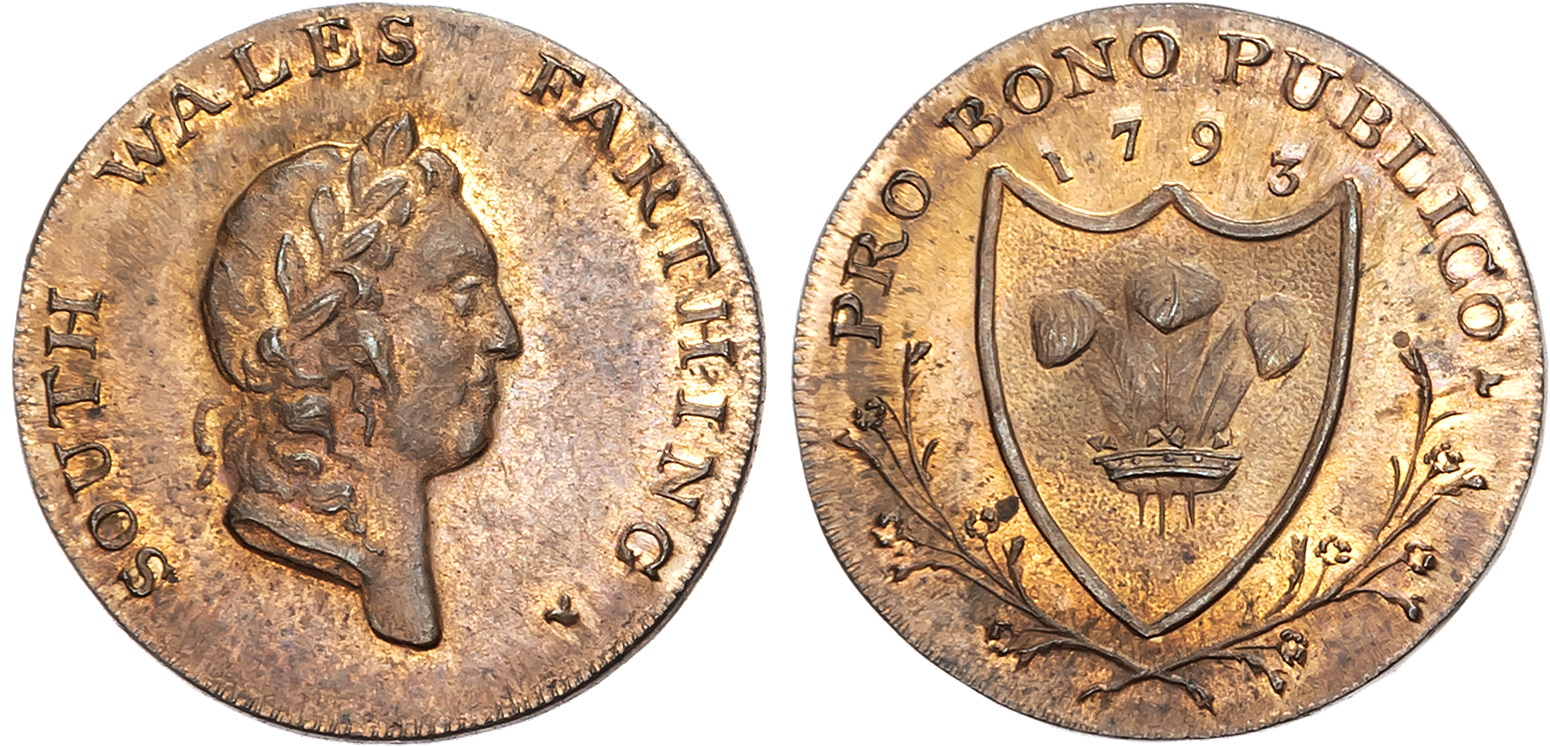 South Wales . Gen. Circ. Farthing 1793, Bust of George III (?) right, rev. Prince of Wales plumes in a shield, edge 22mm …
