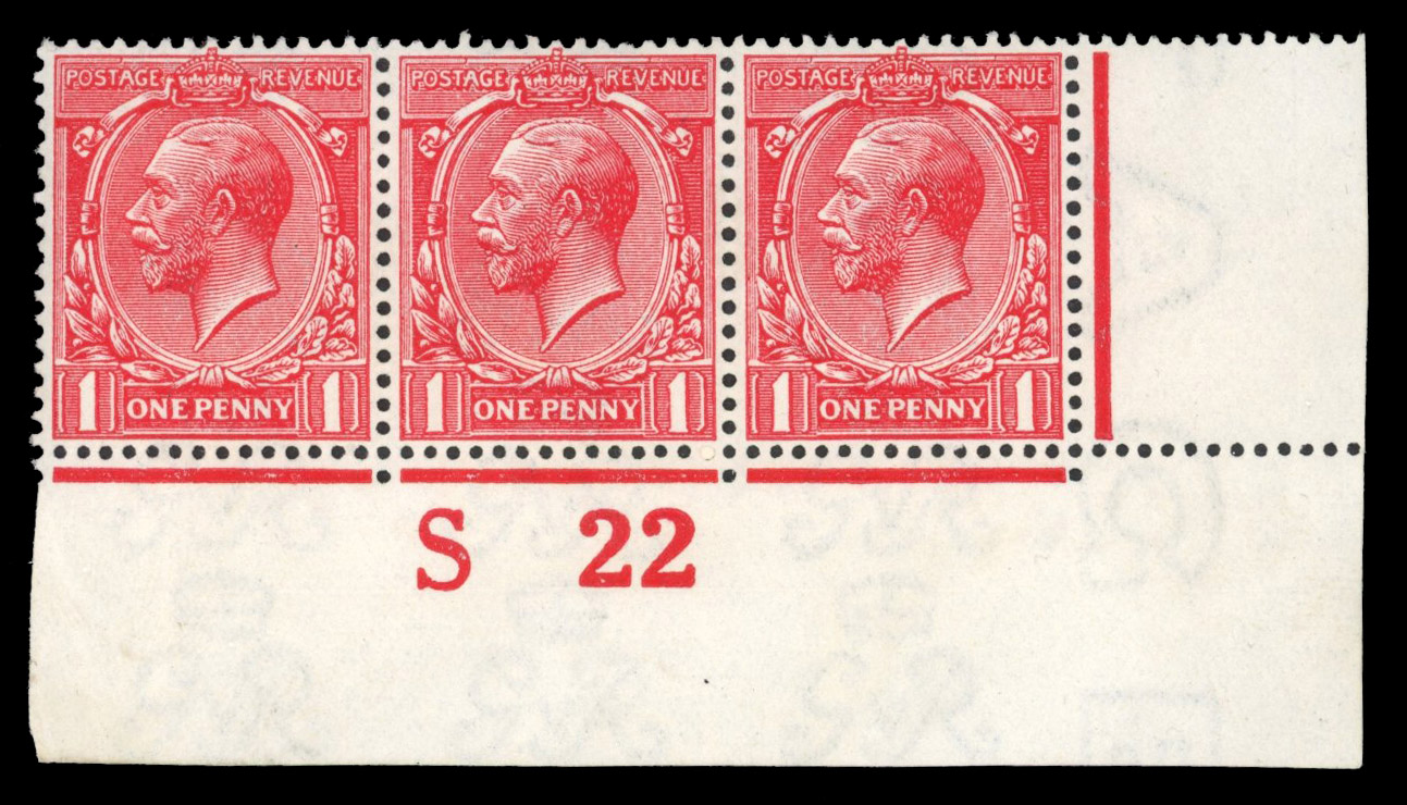 GB: 1912-24 1d deep rose carmine, mint unmounted o.g. control S22 strip of three