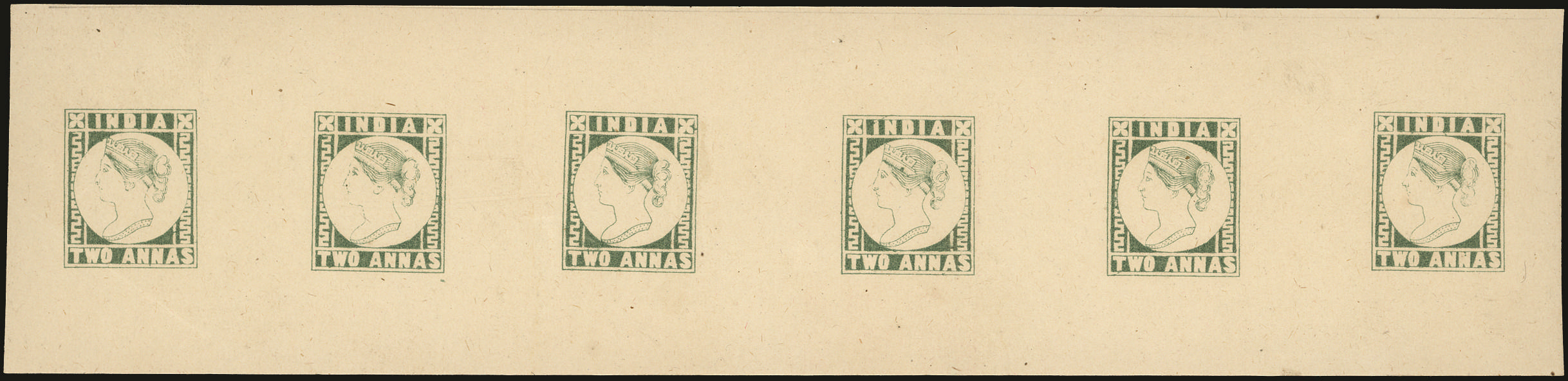 India 1890 Essay 2a sage-green type D1 litho design, complete row of six, Spence 22