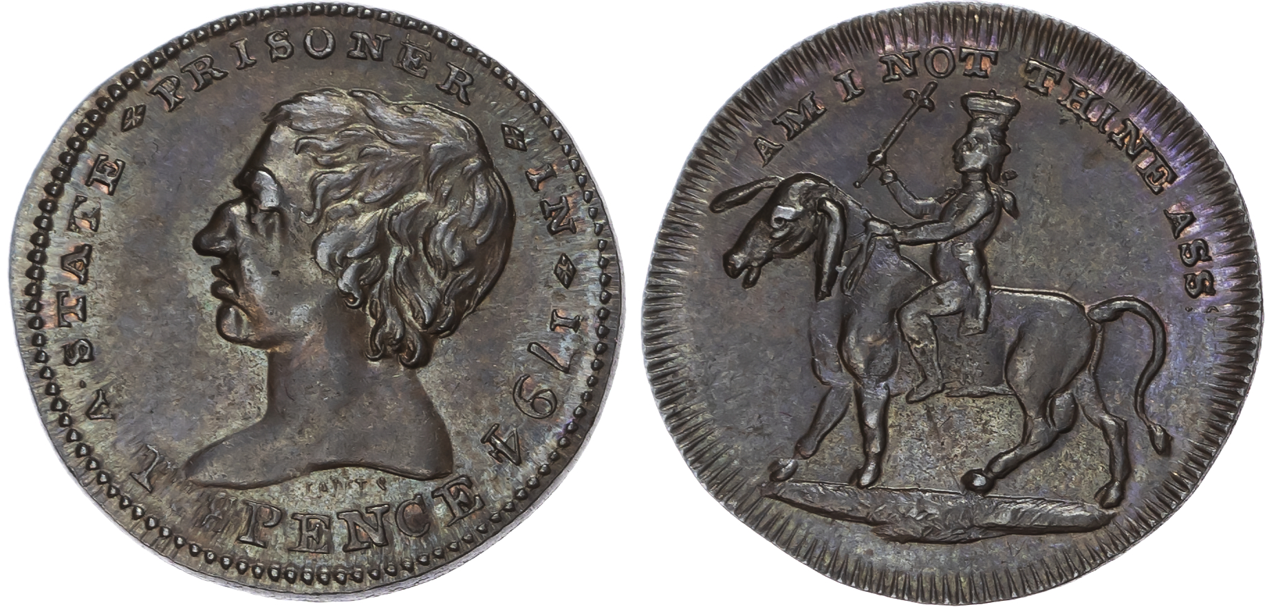 London, Holborn , Thomas Spence Farthings, Bust of Spence left, rev. Seated Britannia losing cap of Liberty, e…